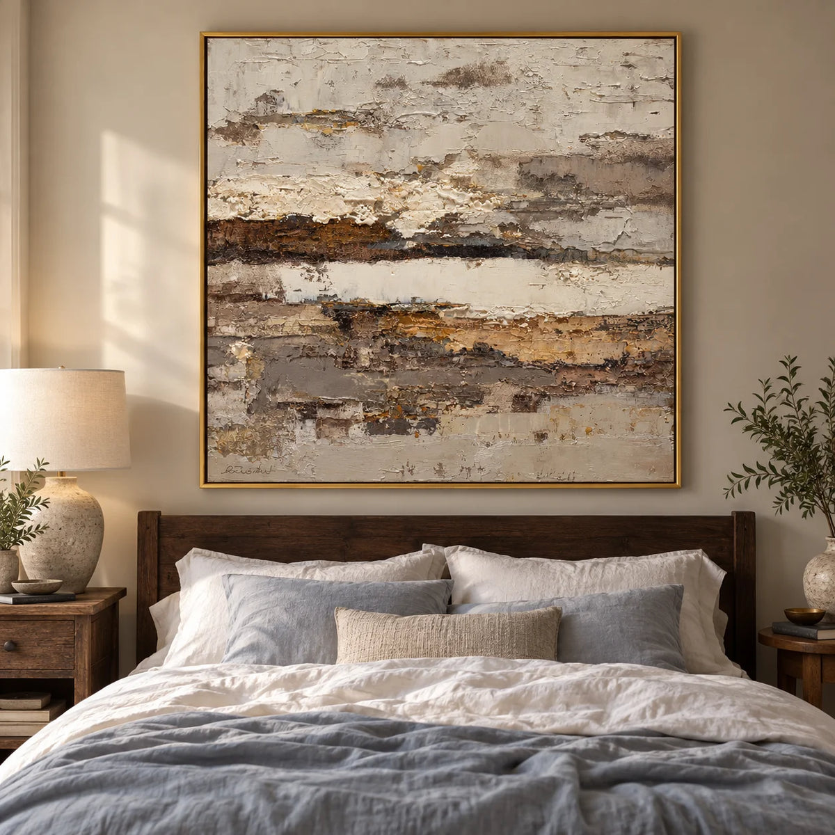 Large Horizontal Neutral Abstract Wall Art – Beige Brown Textured Canvas for Modern Living Room Decor