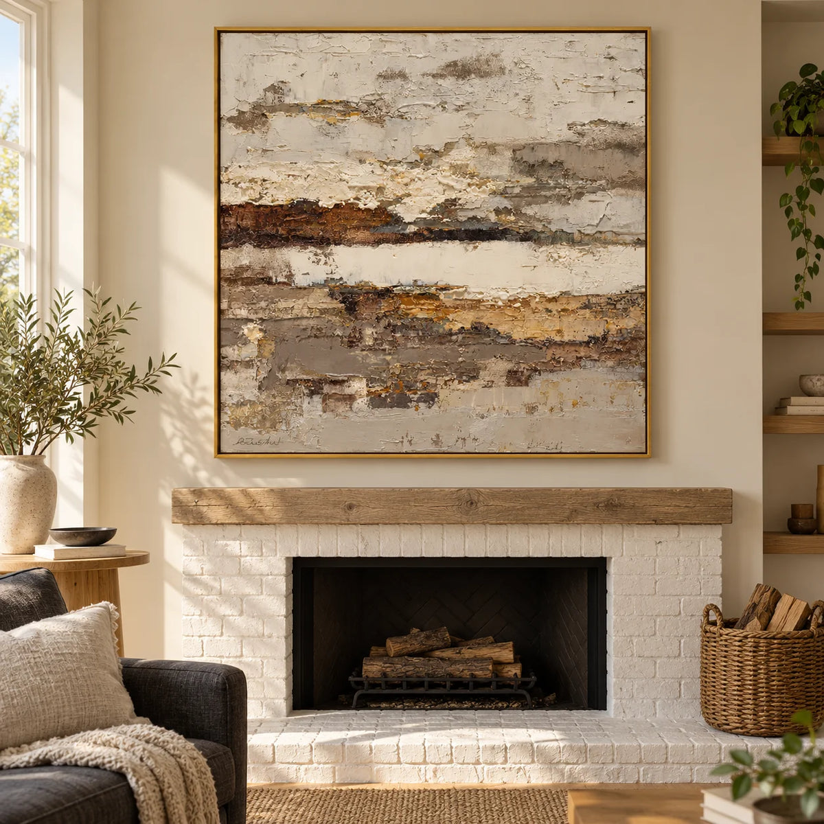 Large Horizontal Neutral Abstract Wall Art – Beige Brown Textured Canvas for Modern Living Room Decor