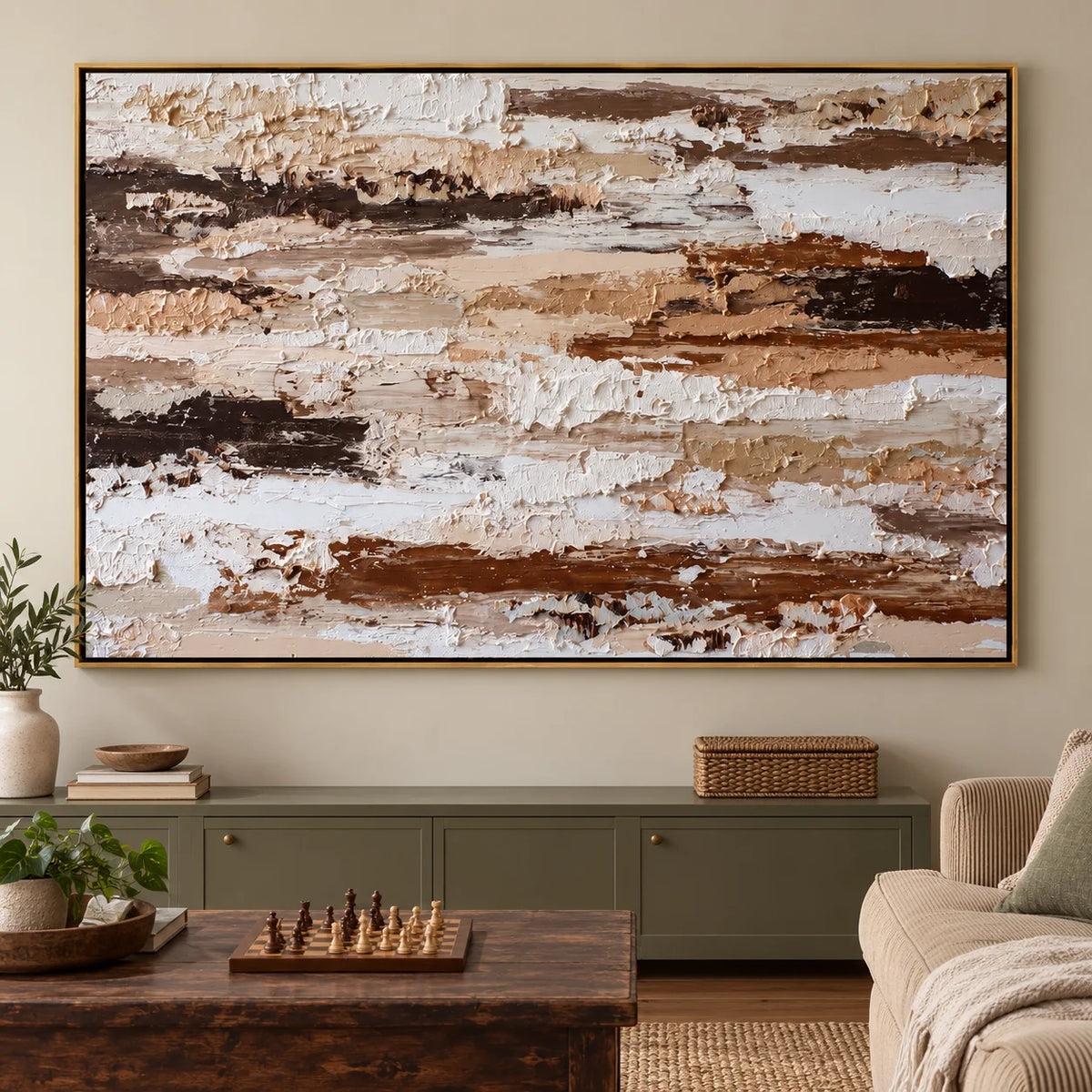 Large Horizontal Neutral Textured Wall Art – Brown and Beige Abstract Canvas for Modern Living Room Decor