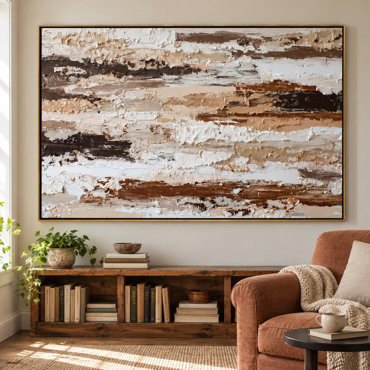 Large Horizontal Neutral Textured Wall Art – Brown and Beige Abstract Canvas for Modern Living Room Decor