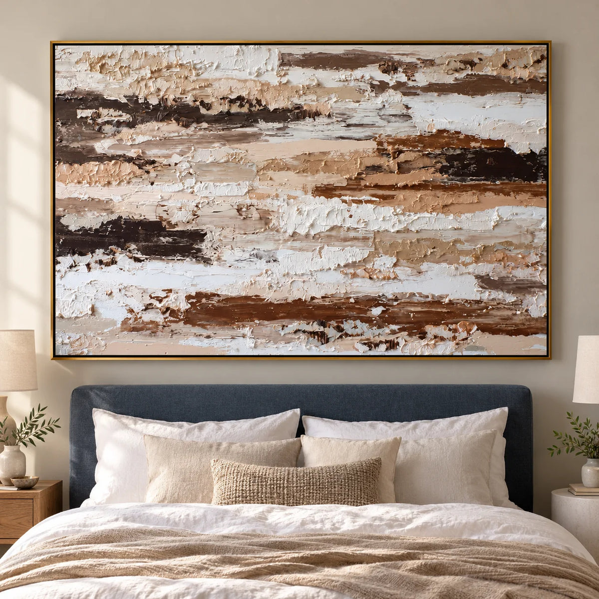Large Horizontal Neutral Textured Wall Art – Brown and Beige Abstract Canvas for Modern Living Room Decor