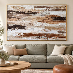 Large Horizontal Neutral Textured Wall Art – Brown and Beige Abstract Canvas for Modern Living Room Decor #OA 0827