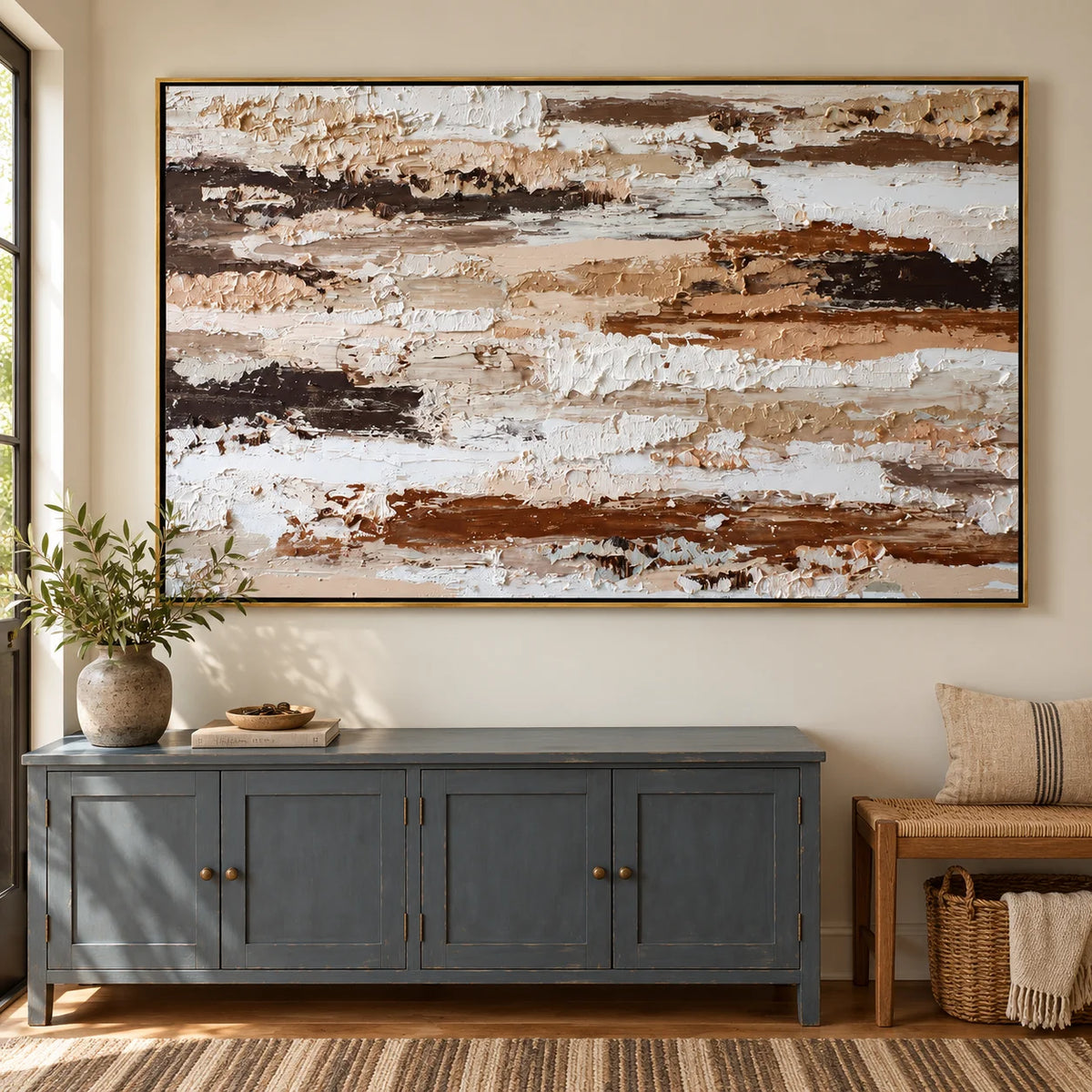 Large Horizontal Neutral Textured Wall Art – Brown and Beige Abstract Canvas for Modern Living Room Decor