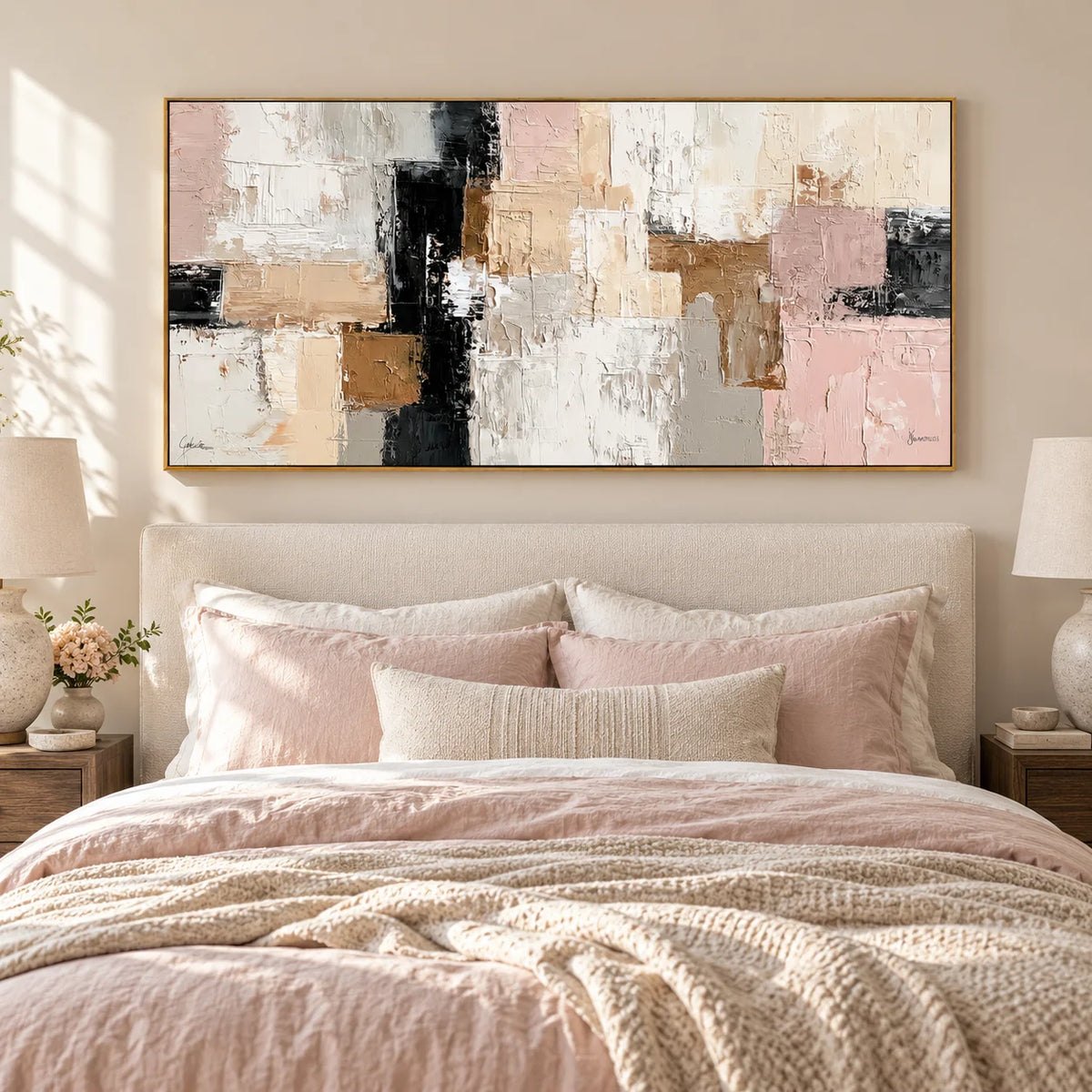 Large Neutral Abstract Canvas Wall Art – Textured Beige Blush Pink Painting for Modern Living Room DecorOA 0873