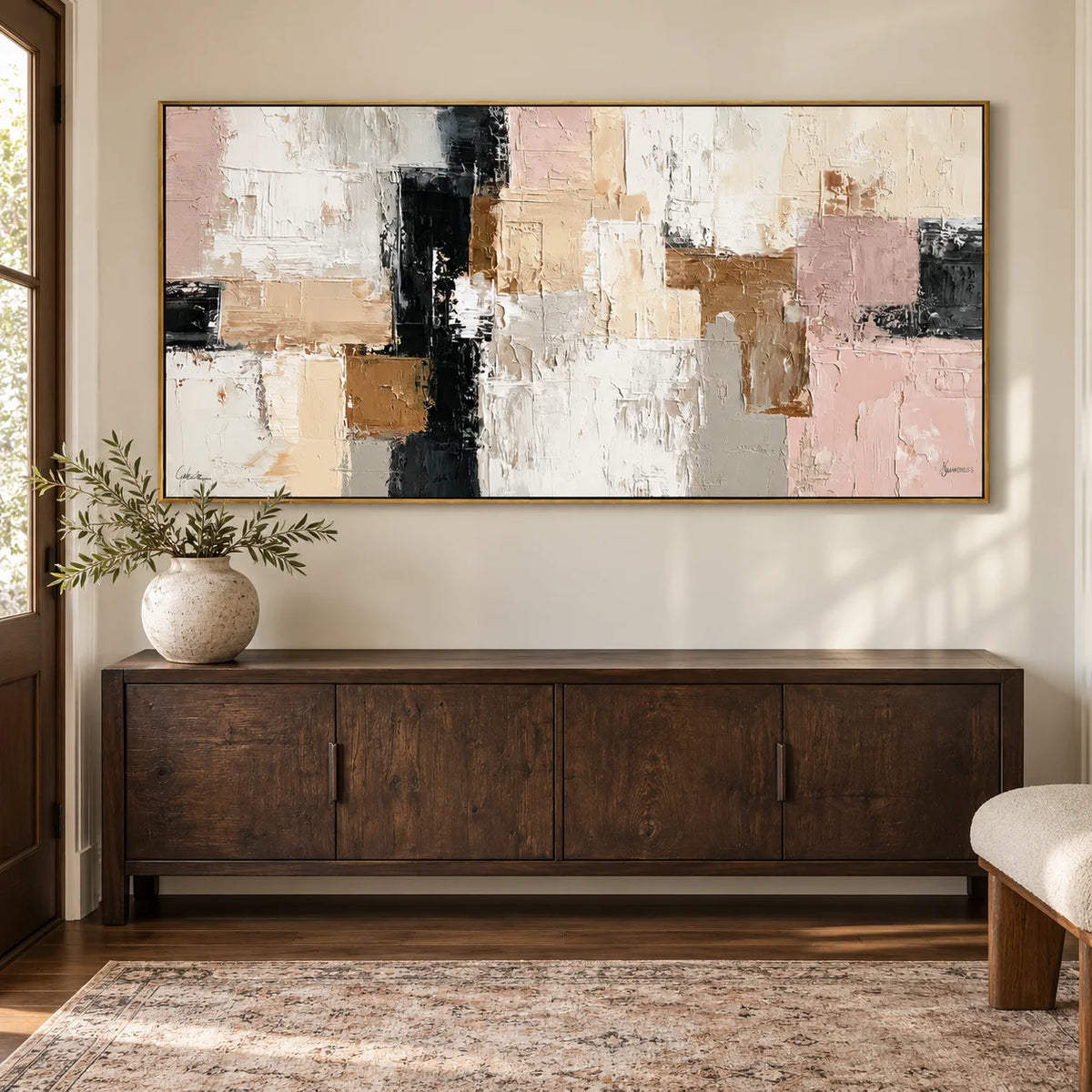 Large Neutral Abstract Canvas Wall Art – Textured Beige Blush Pink Painting for Modern Living Room DecorOA 0873