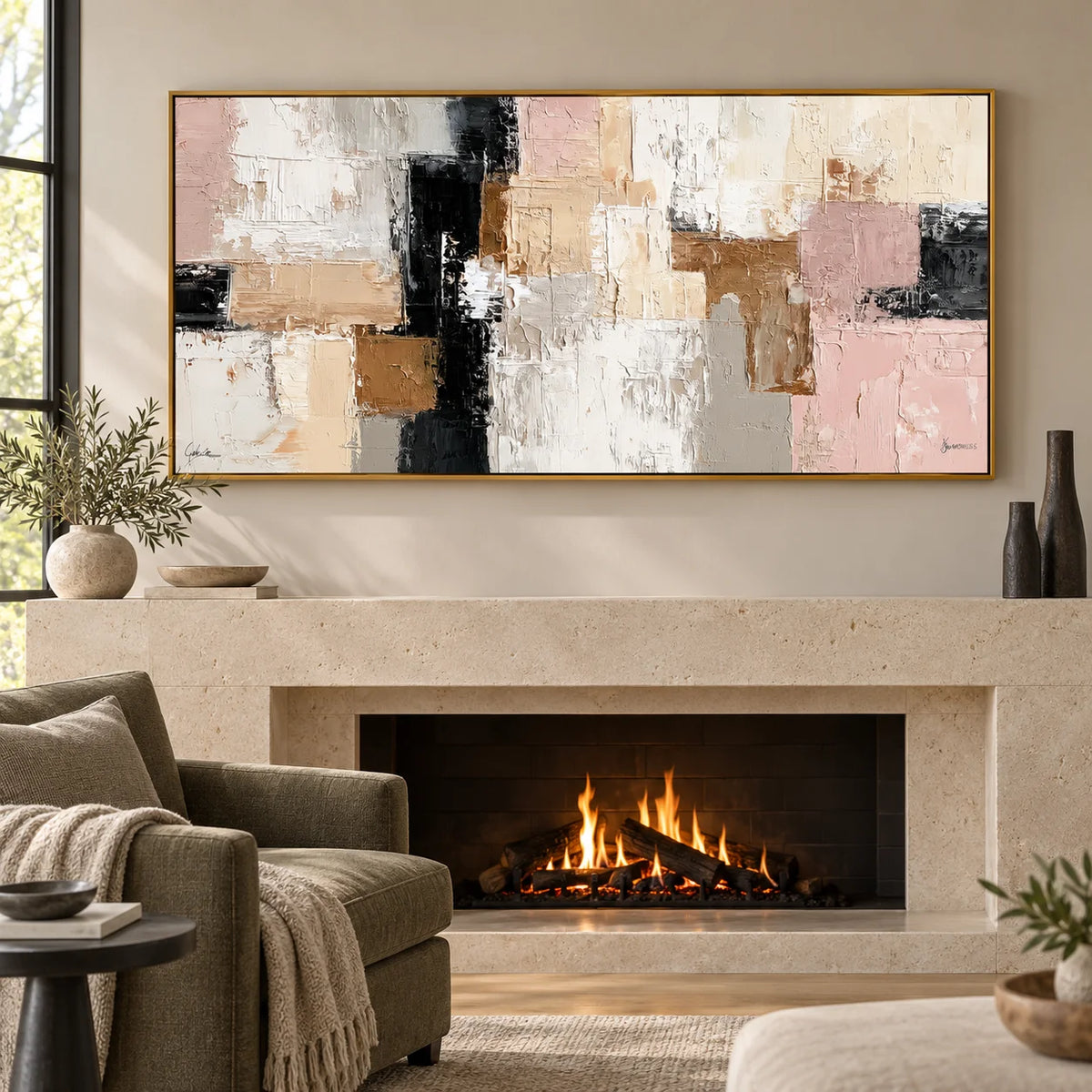 Large Neutral Abstract Canvas Wall Art – Textured Beige Blush Pink Painting for Modern Living Room DecorOA 0873