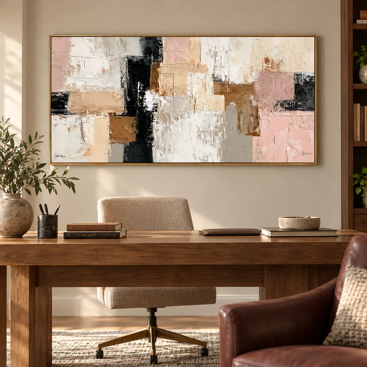 Large Neutral Abstract Canvas Wall Art – Textured Beige Blush Pink Painting for Modern Living Room DecorOA 0873