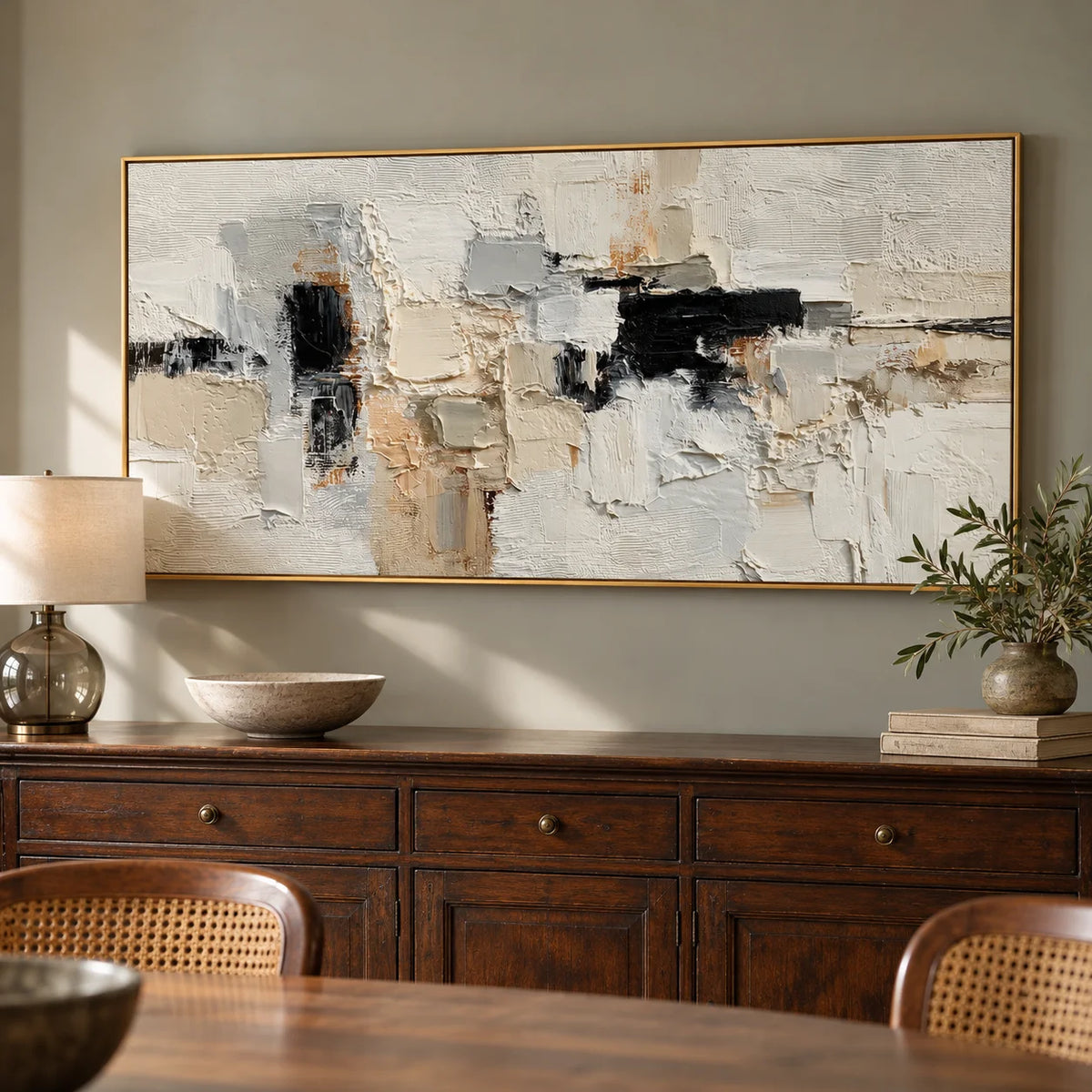 Large Neutral Abstract Canvas Wall Art – Textured Black White Beige Painting for Modern Living Room Decor