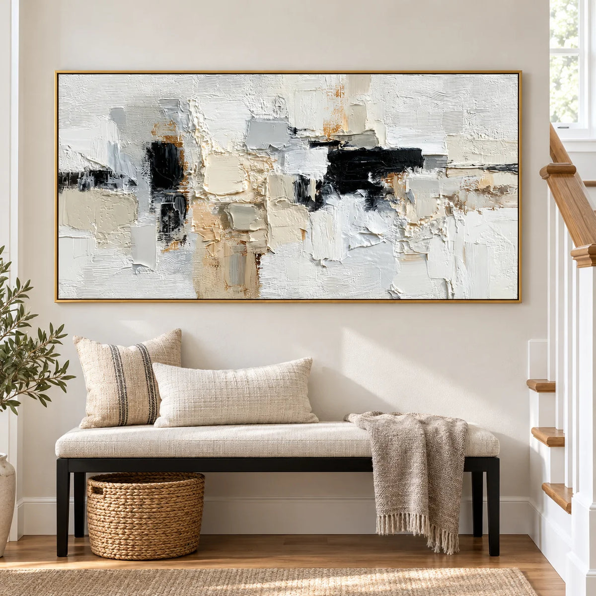 Large Neutral Abstract Canvas Wall Art – Textured Black White Beige Painting for Modern Living Room Decor