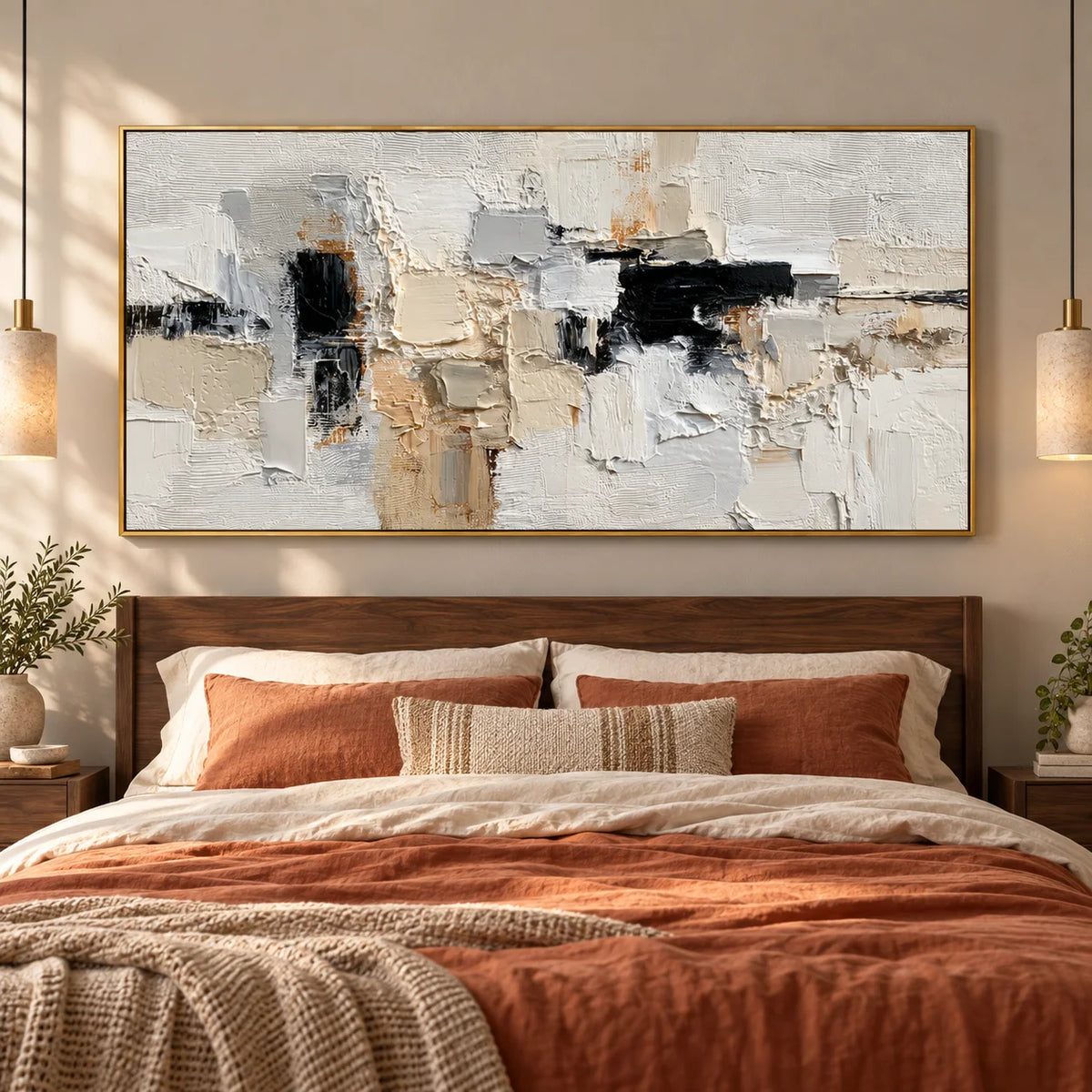 Large Neutral Abstract Canvas Wall Art – Textured Black White Beige Painting for Modern Living Room Decor