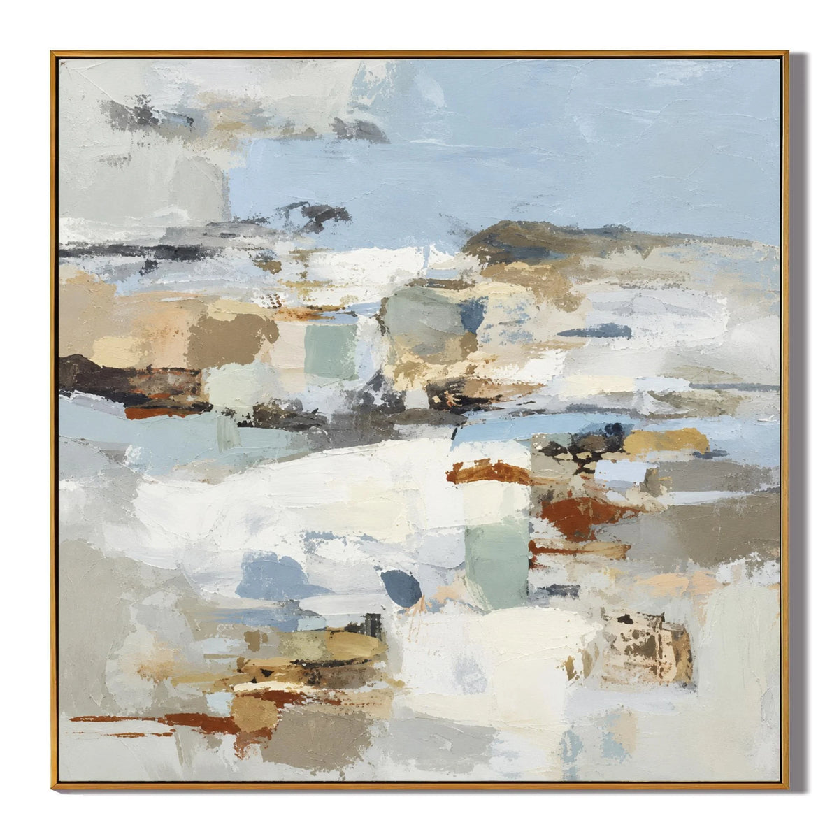 Large Neutral Abstract Landscape Wall Art – Modern Beige and Blue Canvas Painting for Living Room Decor