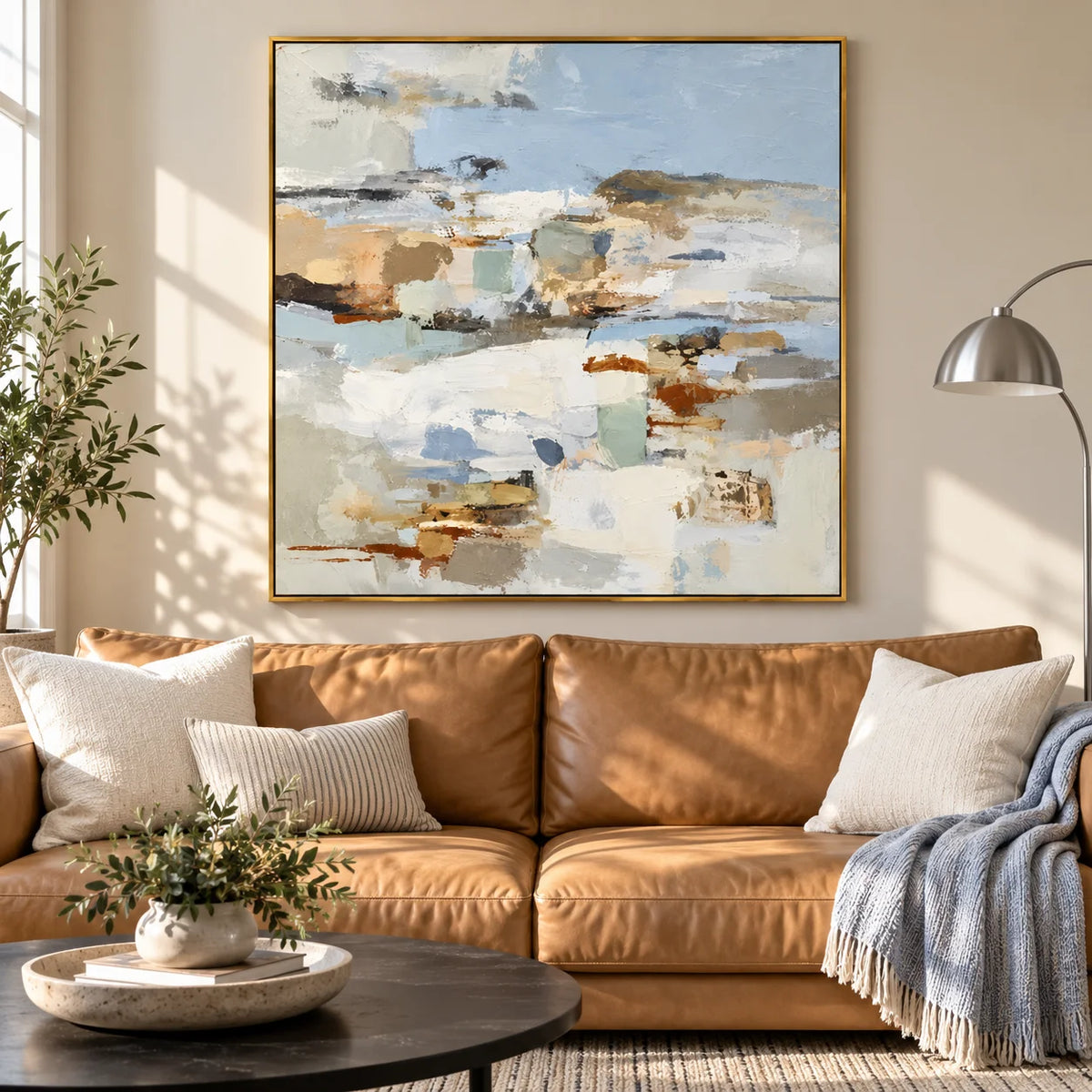Large Neutral Abstract Landscape Wall Art – Modern Beige and Blue Canvas Painting for Living Room Decor