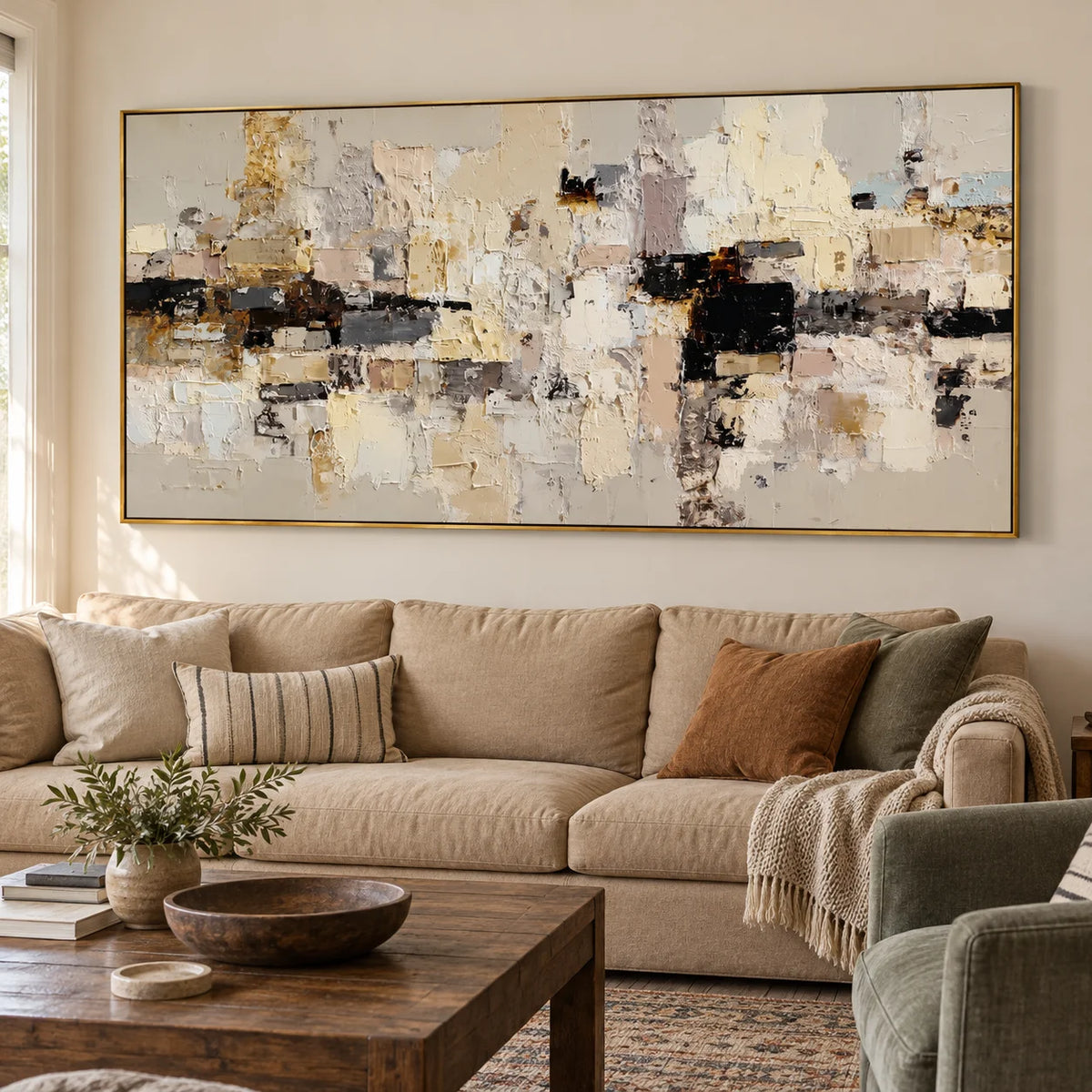 Large Neutral Textured Abstract Canvas Wall Art – Beige Cream Collage Painting for Modern Living Room Decor