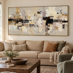 Large Neutral Textured Abstract Canvas Wall Art – Beige Cream Collage Painting for Modern Living Room Decor#OA 0881