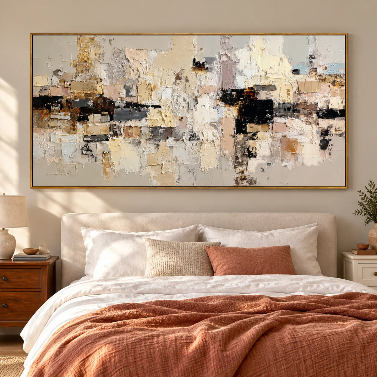 Large Neutral Textured Abstract Canvas Wall Art – Beige Cream Collage Painting for Modern Living Room Decor