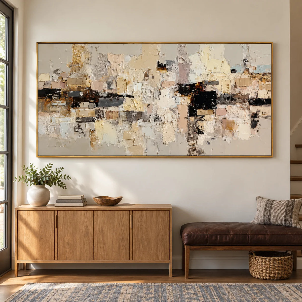 Large Neutral Textured Abstract Canvas Wall Art – Beige Cream Collage Painting for Modern Living Room Decor