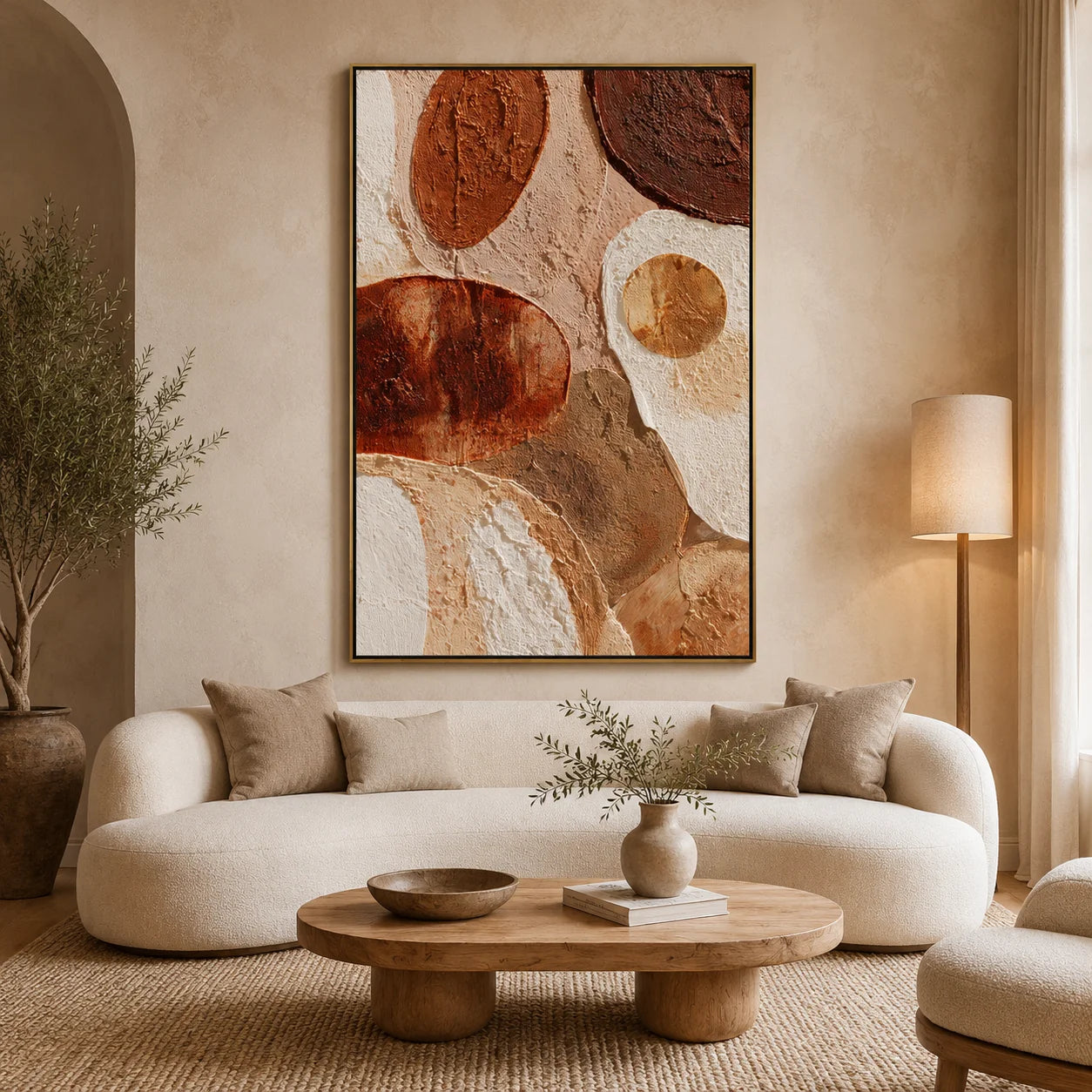 Large Vertical Abstract Circle Canvas Wall Art – Boho Earth Tone Textured Painting for Modern Home Decor