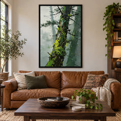 Leaning Pine Trunk Oil Painting | Green Moss Black Branches and Misty Grey Woodland Textured Vertical Wall Art #OA 1744