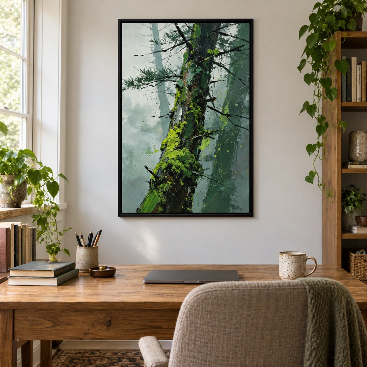 Leaning Pine Trunk Oil Painting | Green Moss Black Branches and Misty Grey Woodland Textured Vertical Wall Art OA 1744