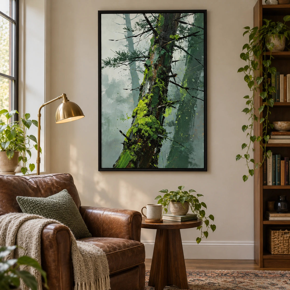 Leaning Pine Trunk Oil Painting | Green Moss Black Branches and Misty Grey Woodland Textured Vertical Wall Art OA 1744