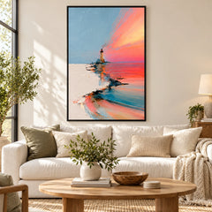 Lighthouse at Coral Sunset Oil Painting | Blue Pink and Ivory Textured Coastal Seascape Vertical Wall Art #OA 1644