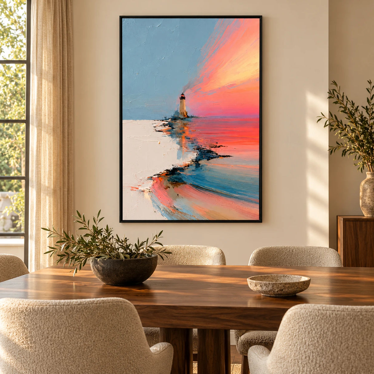 Lighthouse at Coral Sunset Oil Painting | Blue Pink and Ivory Textured Coastal Seascape Vertical Wall Art #OA 1644