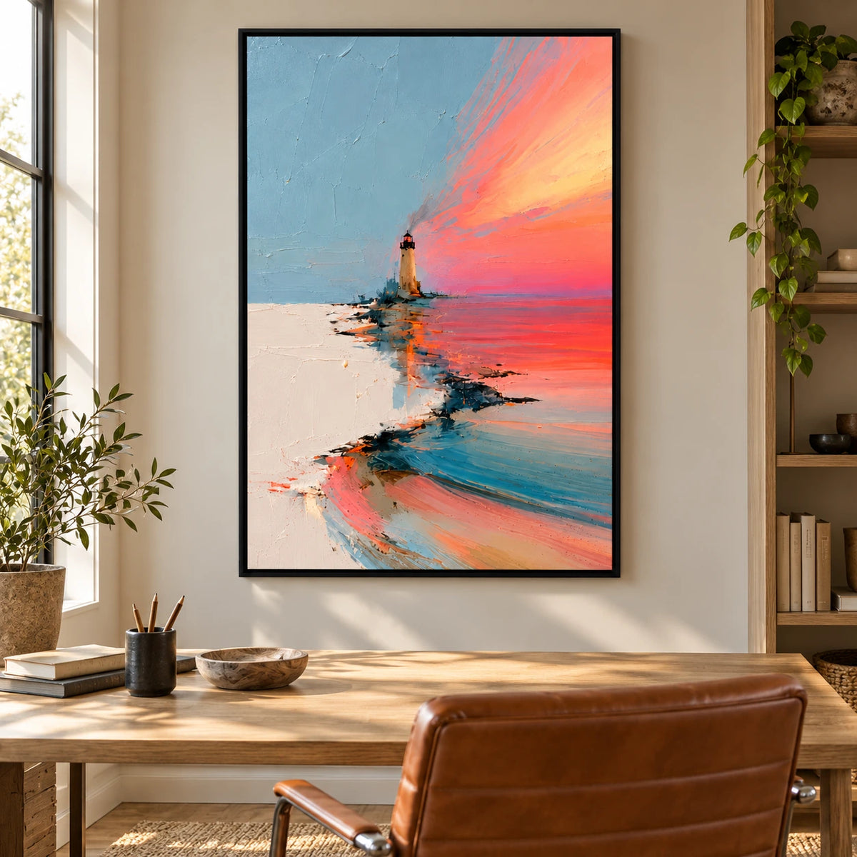 Lighthouse at Coral Sunset Oil Painting | Blue Pink and Ivory Textured Coastal Seascape Vertical Wall Art #OA 1644