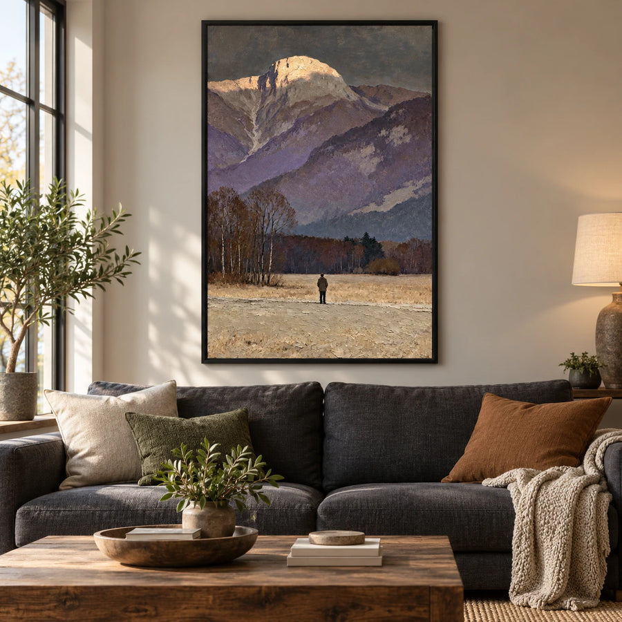 Lone Figure beneath Mountain Peak Oil Painting | Golden Summit Grey Sky and Autumn Meadow Vertical Landscape Wall Art #OA 1723