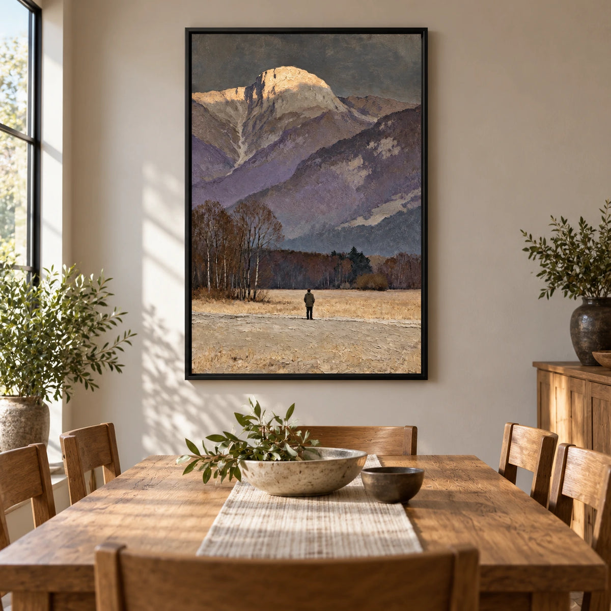 Lone Figure beneath Mountain Peak Oil Painting | Golden Summit Grey Sky and Autumn Meadow Vertical Landscape Wall Art #OA 1723