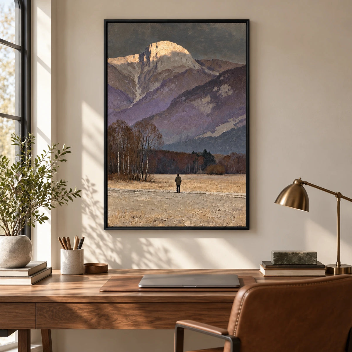 Lone Figure beneath Mountain Peak Oil Painting | Golden Summit Grey Sky and Autumn Meadow Vertical Landscape Wall Art #OA 1723