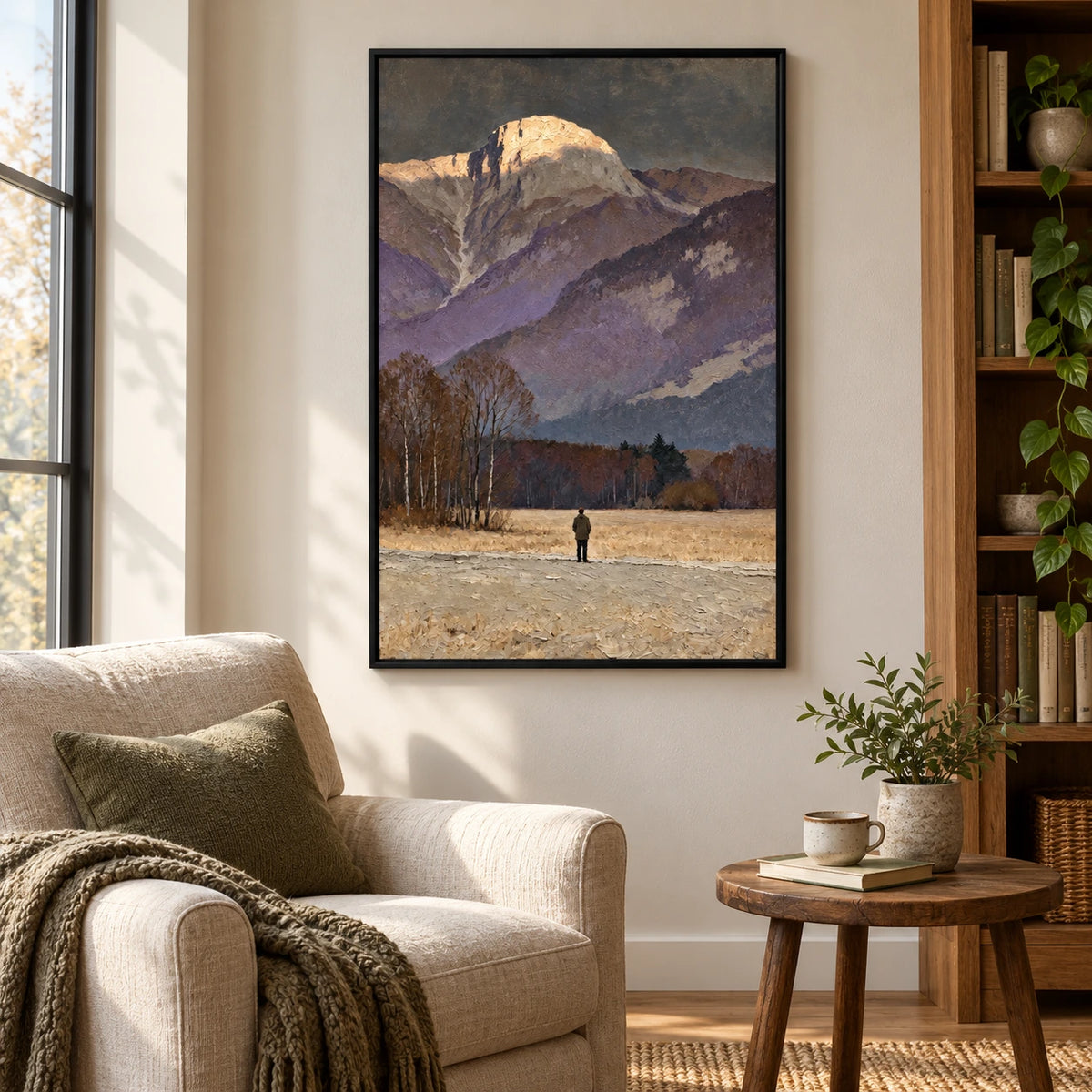 Lone Figure beneath Mountain Peak Oil Painting | Golden Summit Grey Sky and Autumn Meadow Vertical Landscape Wall Art #OA 1723