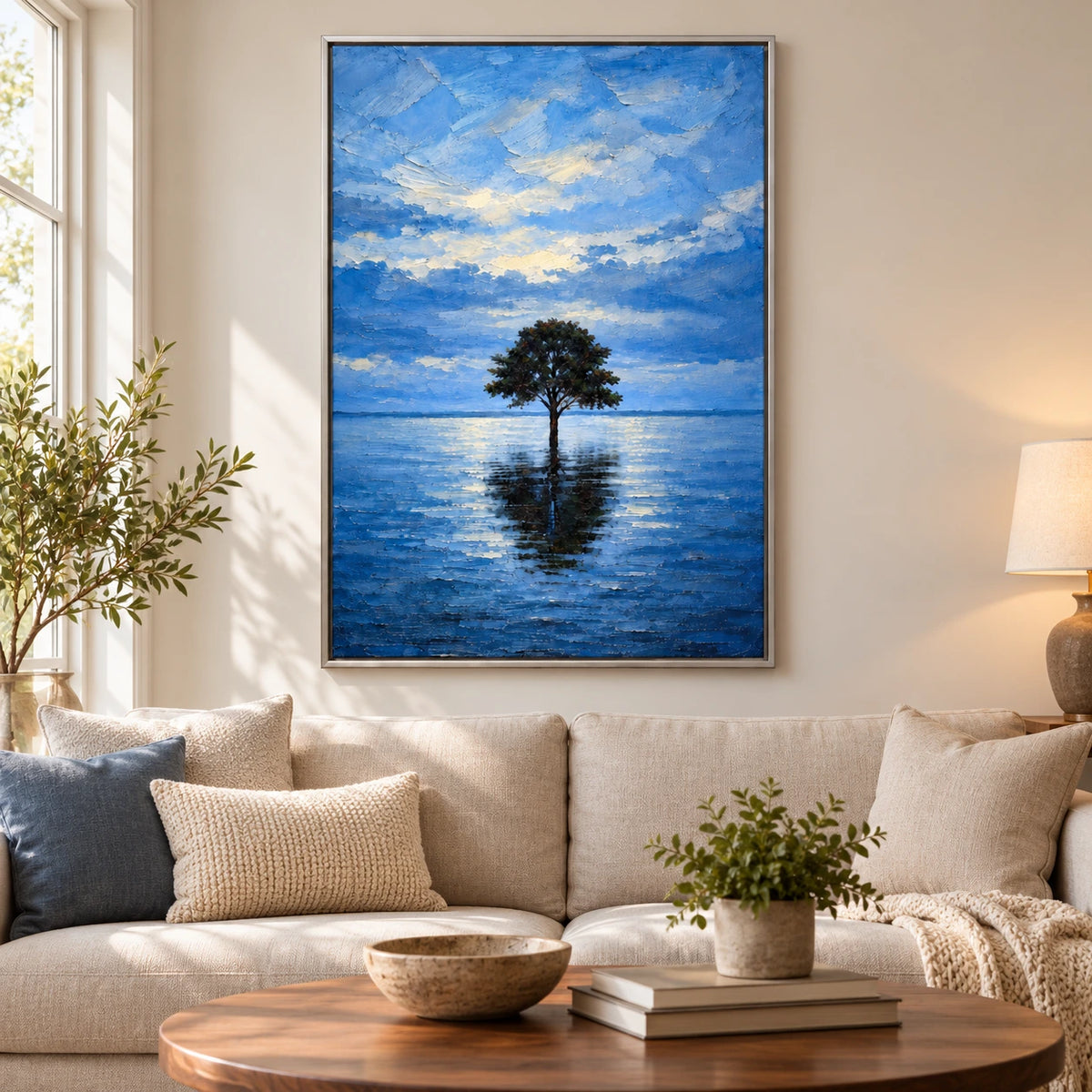 Lone Tree in Blue Water Oil Painting | Reflected Branches Cloudy Sky and Quiet Lake Textured Vertical Landscape Wall Art #OA 1730