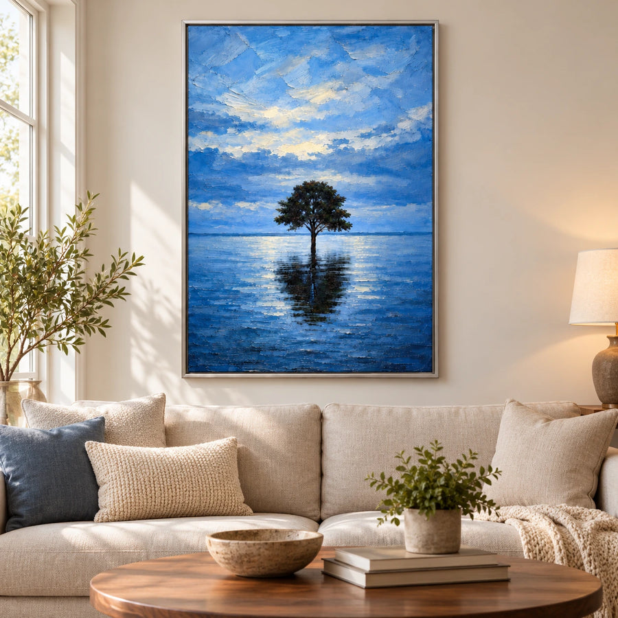 Lone Tree in Blue Water Oil Painting | Reflected Branches Cloudy Sky and Quiet Lake Textured Vertical Landscape Wall Art #OA 1730