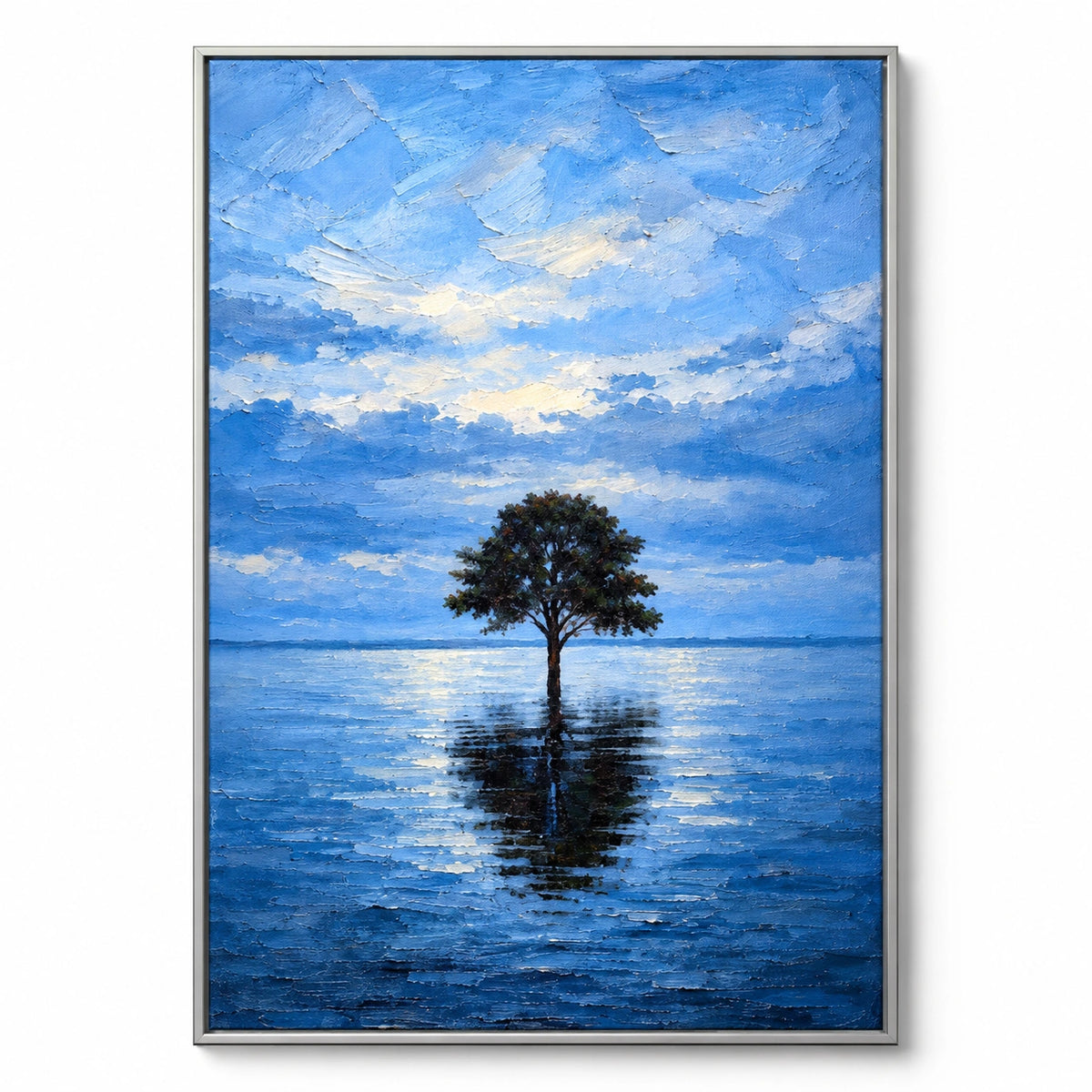 Lone Tree in Blue Water Oil Painting | Reflected Branches Cloudy Sky and Quiet Lake Textured Vertical Landscape Wall Art #OA 1730