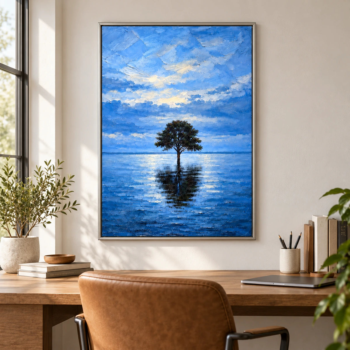 Lone Tree in Blue Water Oil Painting | Reflected Branches Cloudy Sky and Quiet Lake Textured Vertical Landscape Wall Art #OA 1730