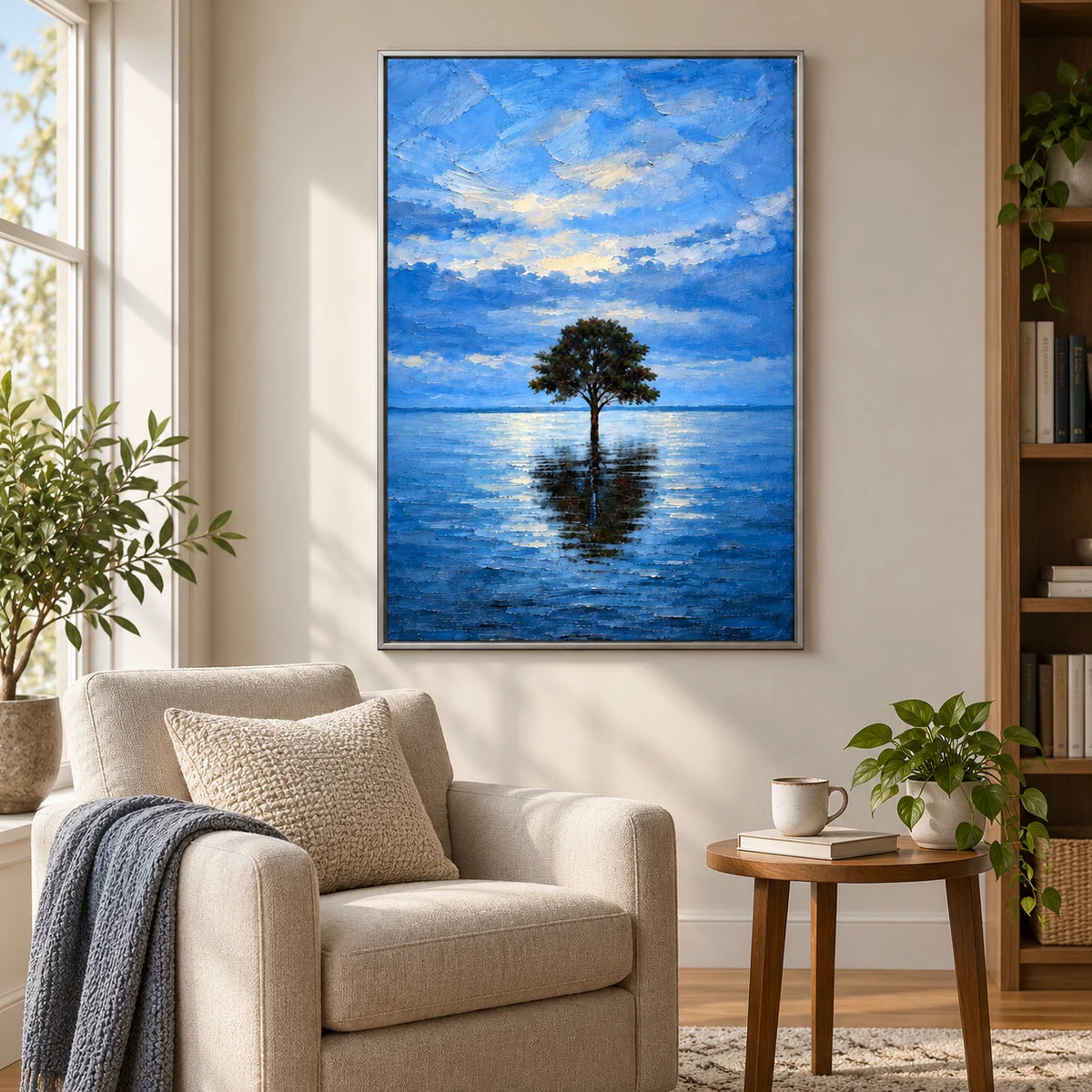Lone Tree in Blue Water Oil Painting | Reflected Branches Cloudy Sky and Quiet Lake Textured Vertical Landscape Wall Art #OA 1730