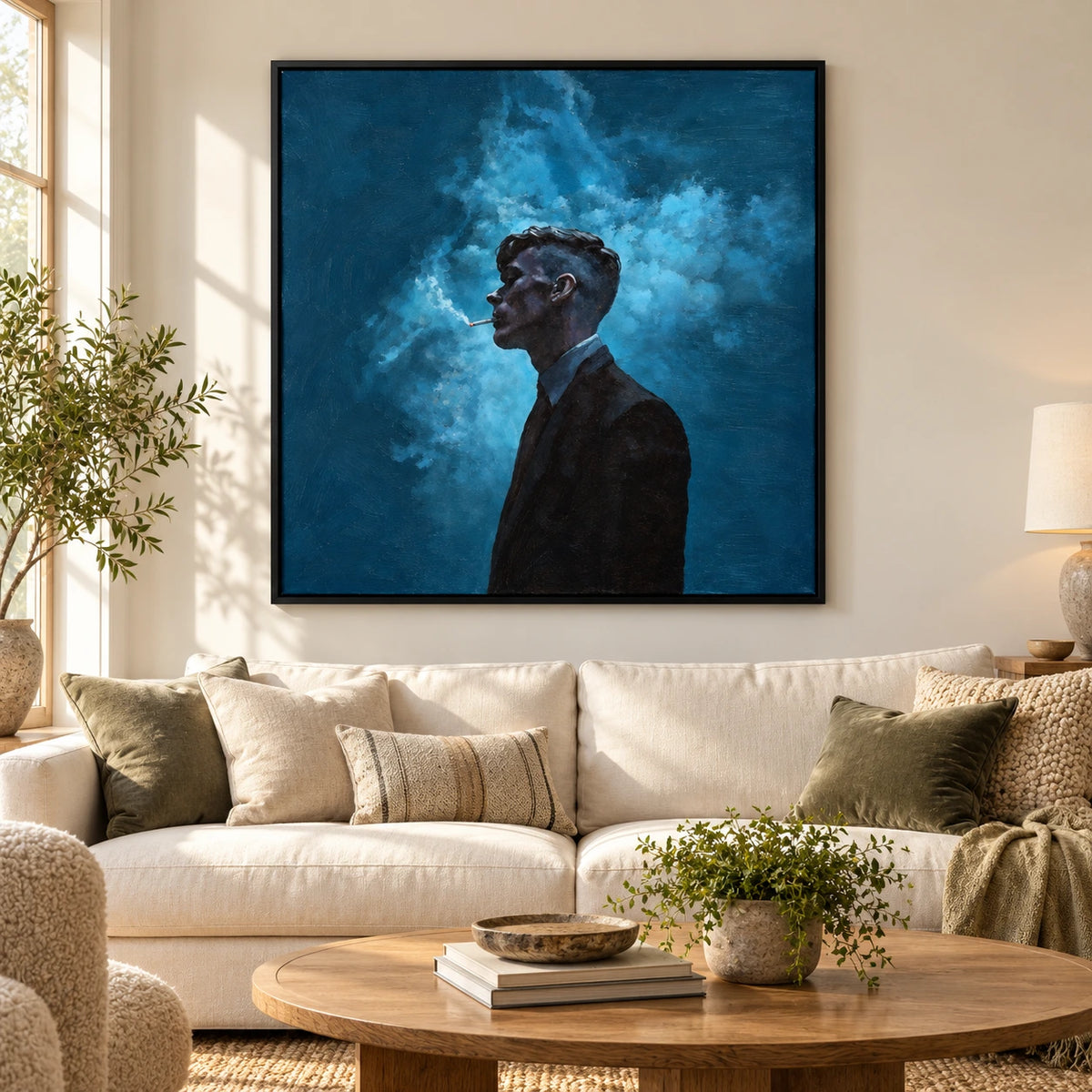 Man in Black Suit with Blue Smoke Oil Painting | Moody Textured Profile Portrait Square Wall Art #OA 1648