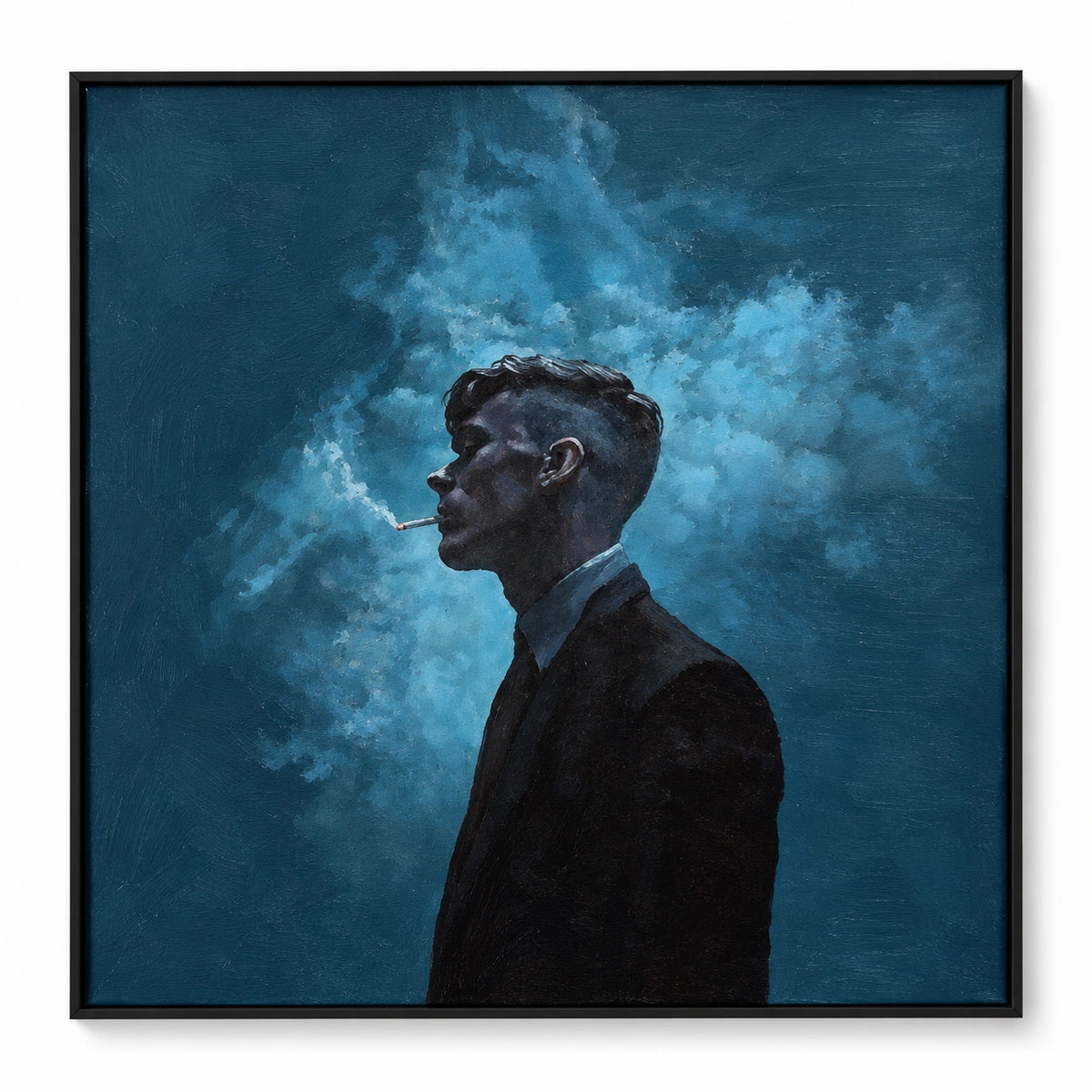Man in Black Suit with Blue Smoke Oil Painting | Moody Textured Profile Portrait Square Wall Art #OA 1648