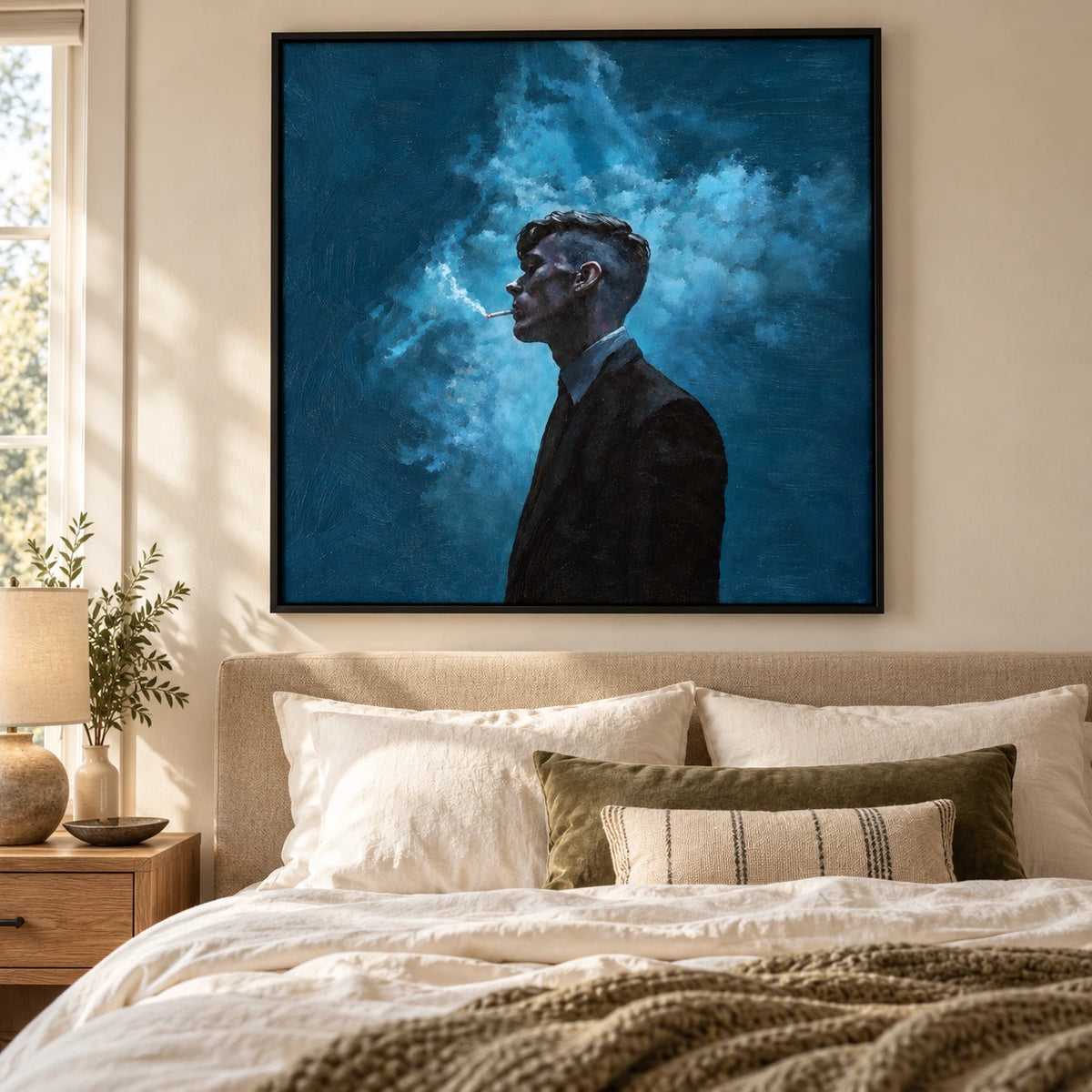 Man in Black Suit with Blue Smoke Oil Painting | Moody Textured Profile Portrait Square Wall Art #OA 1648