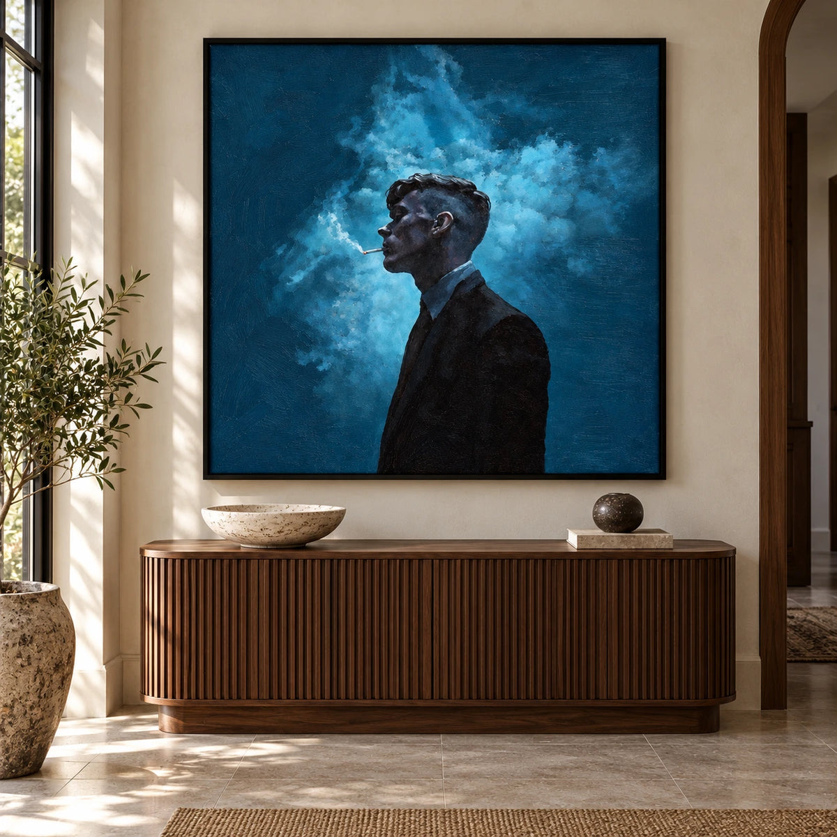 Man in Black Suit with Blue Smoke Oil Painting | Moody Textured Profile Portrait Square Wall Art #OA 1648