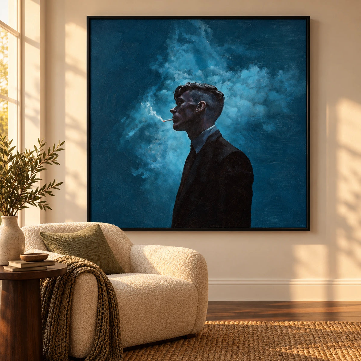 Man in Black Suit with Blue Smoke Oil Painting | Moody Textured Profile Portrait Square Wall Art #OA 1648