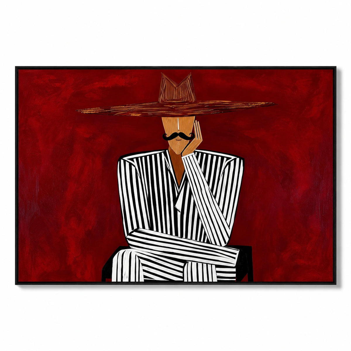 Man in Black and White Striped Suit Oil Painting | Wide Brim Hat Portrait on Red Horizontal Wall Art #OA 1640