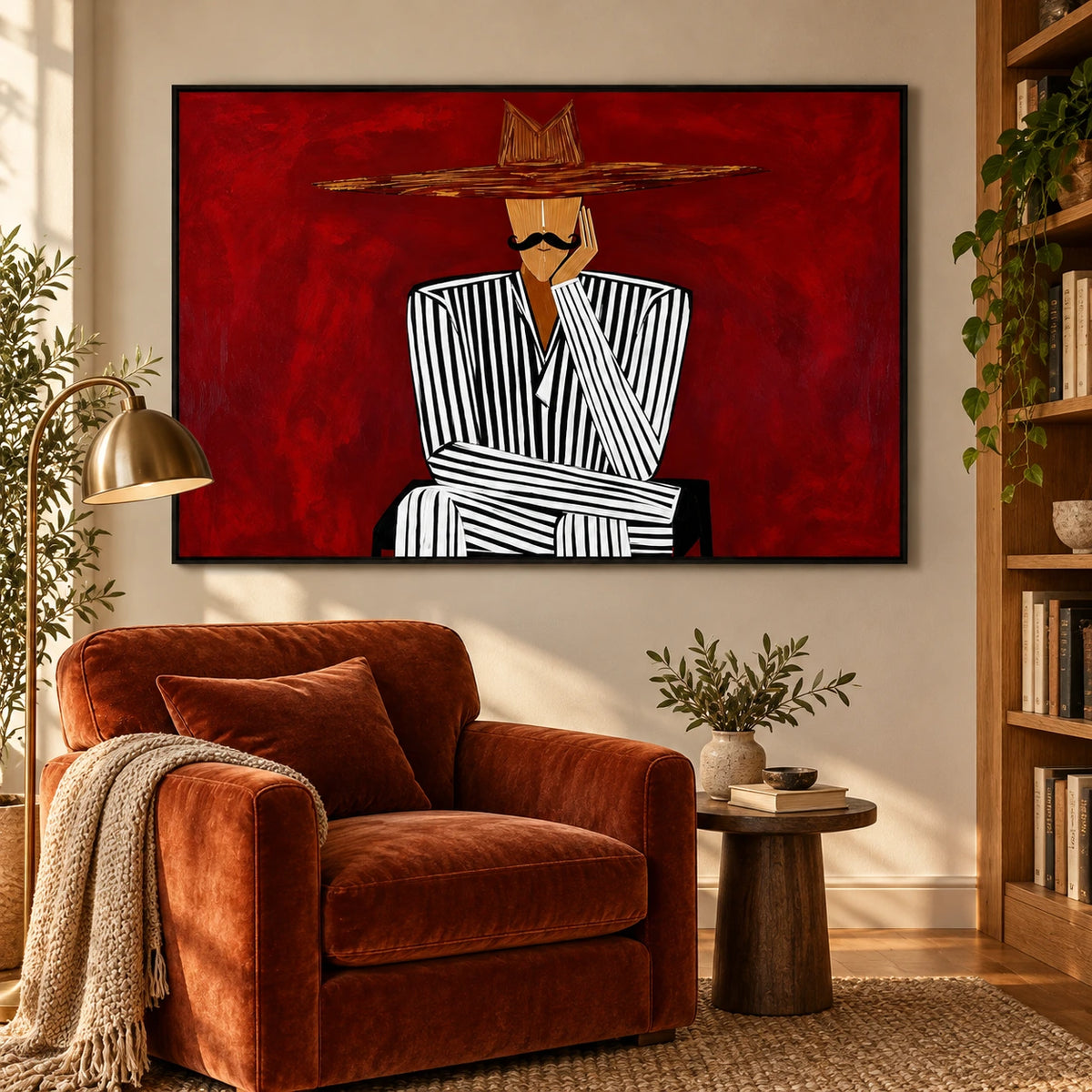 Man in Black and White Striped Suit Oil Painting | Wide Brim Hat Portrait on Red Horizontal Wall Art #OA 1640