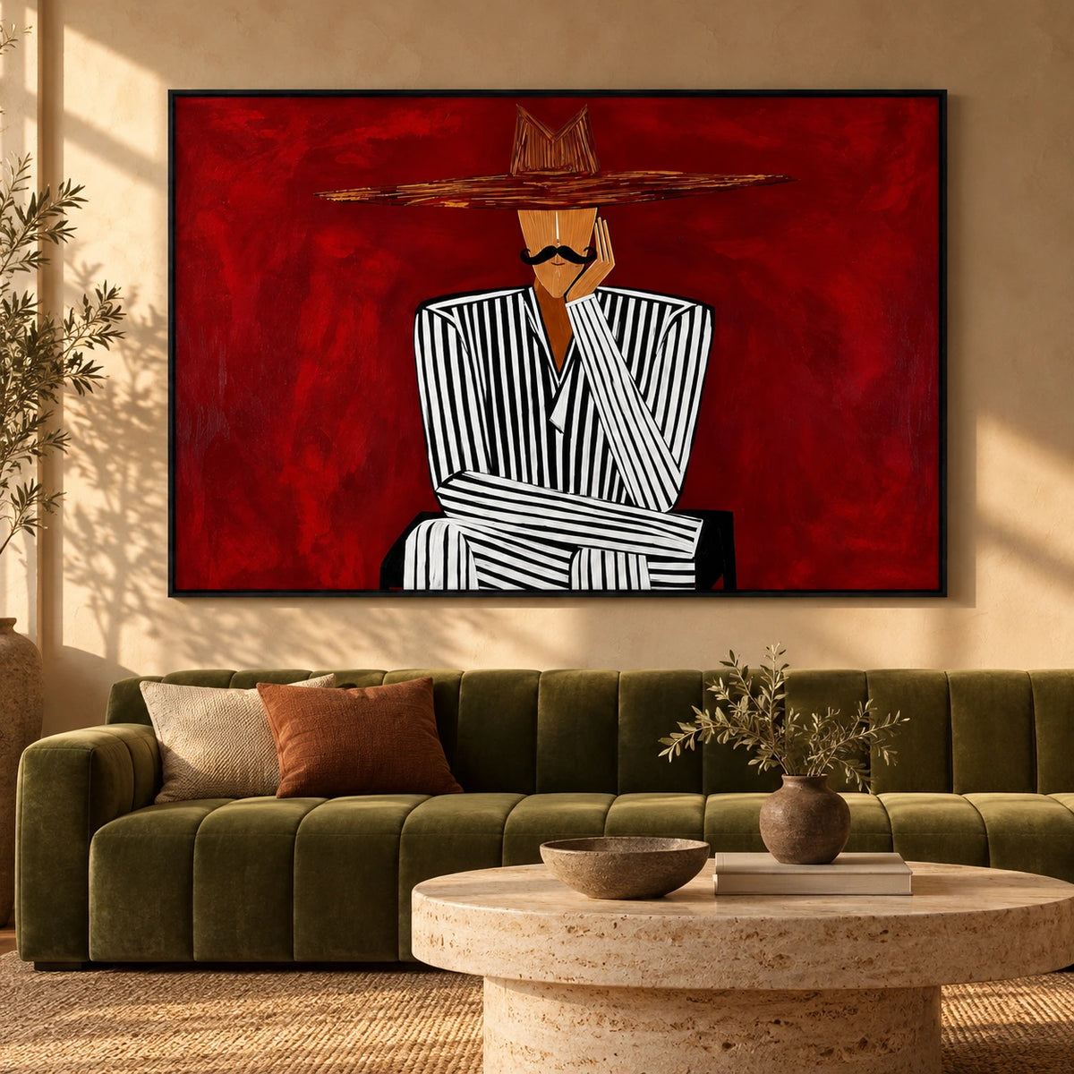 Man in Black and White Striped Suit Oil Painting | Wide Brim Hat Portrait on Red Horizontal Wall Art #OA 1640