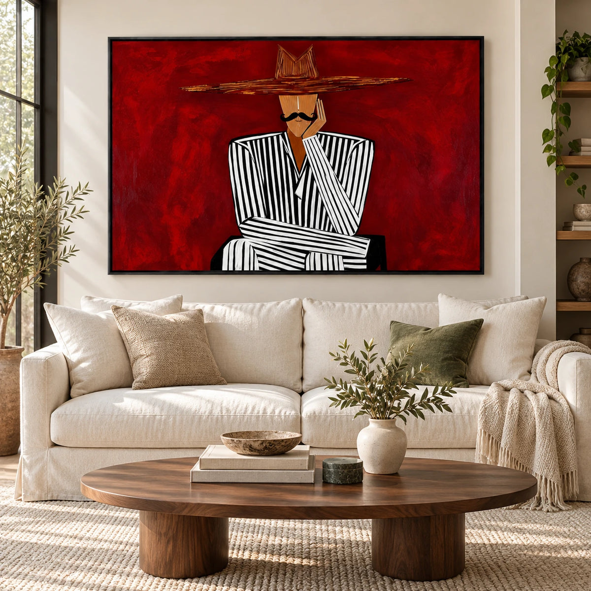Man in Black and White Striped Suit Oil Painting | Wide Brim Hat Portrait on Red Horizontal Wall Art #OA 1640