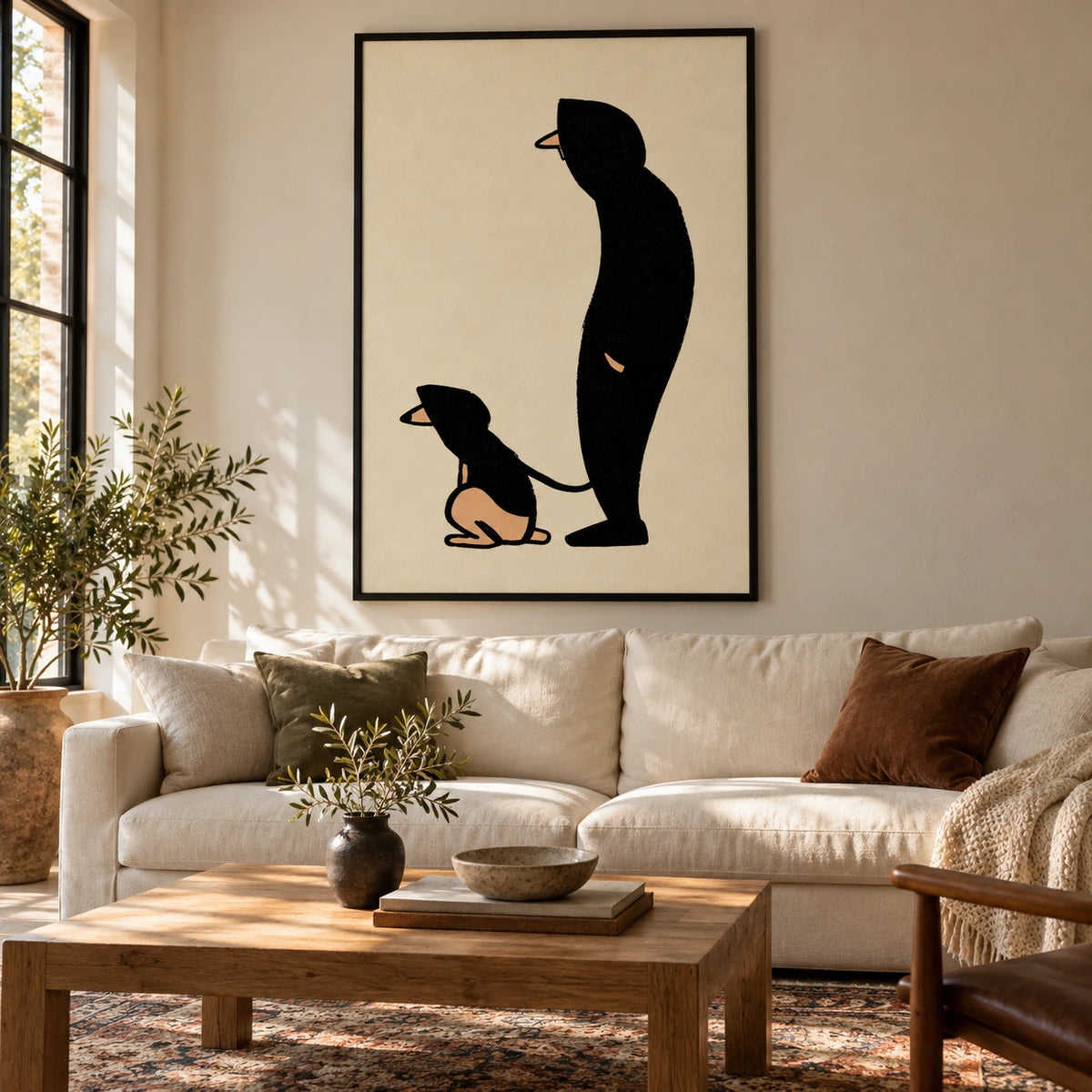Man and Dog Silhouette Oil Painting | Minimalist Black and Beige Figurative Wall Art #OA 1614