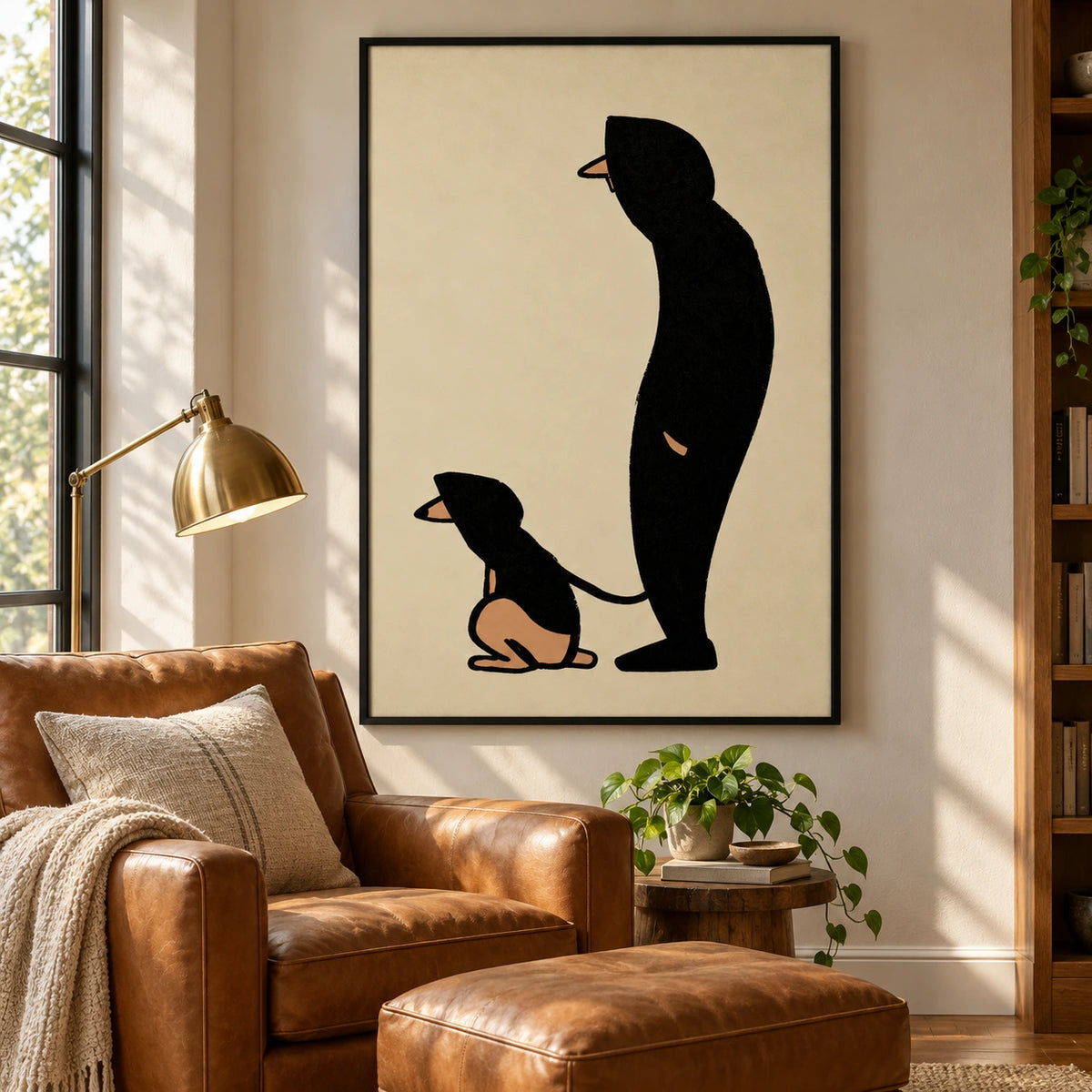 Man and Dog Silhouette Oil Painting | Minimalist Black and Beige Figurative Wall Art #OA 1614