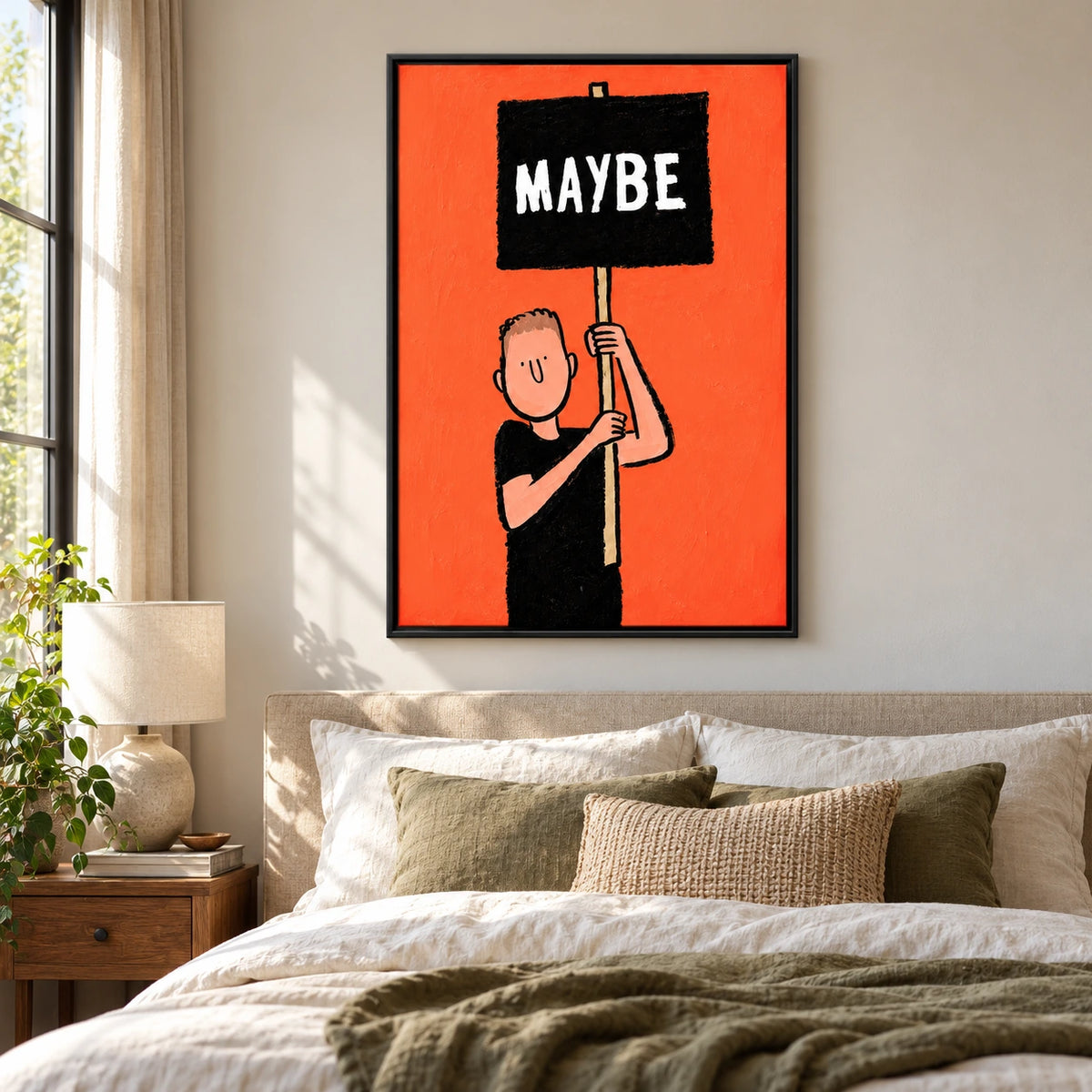 Maybe Sign Cartoon Man Oil Painting | White Lettering Black Placard and Orange Background Humorous Vertical Wall Art #OA 1729