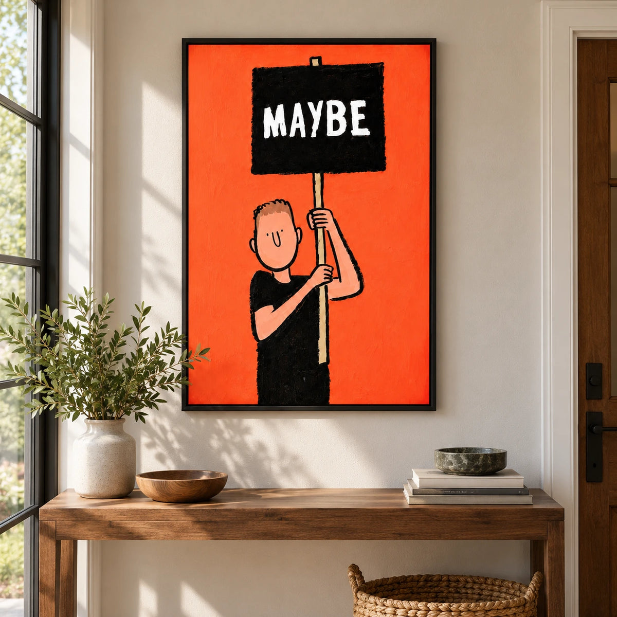 Maybe Sign Cartoon Man Oil Painting | White Lettering Black Placard and Orange Background Humorous Vertical Wall Art #OA 1729
