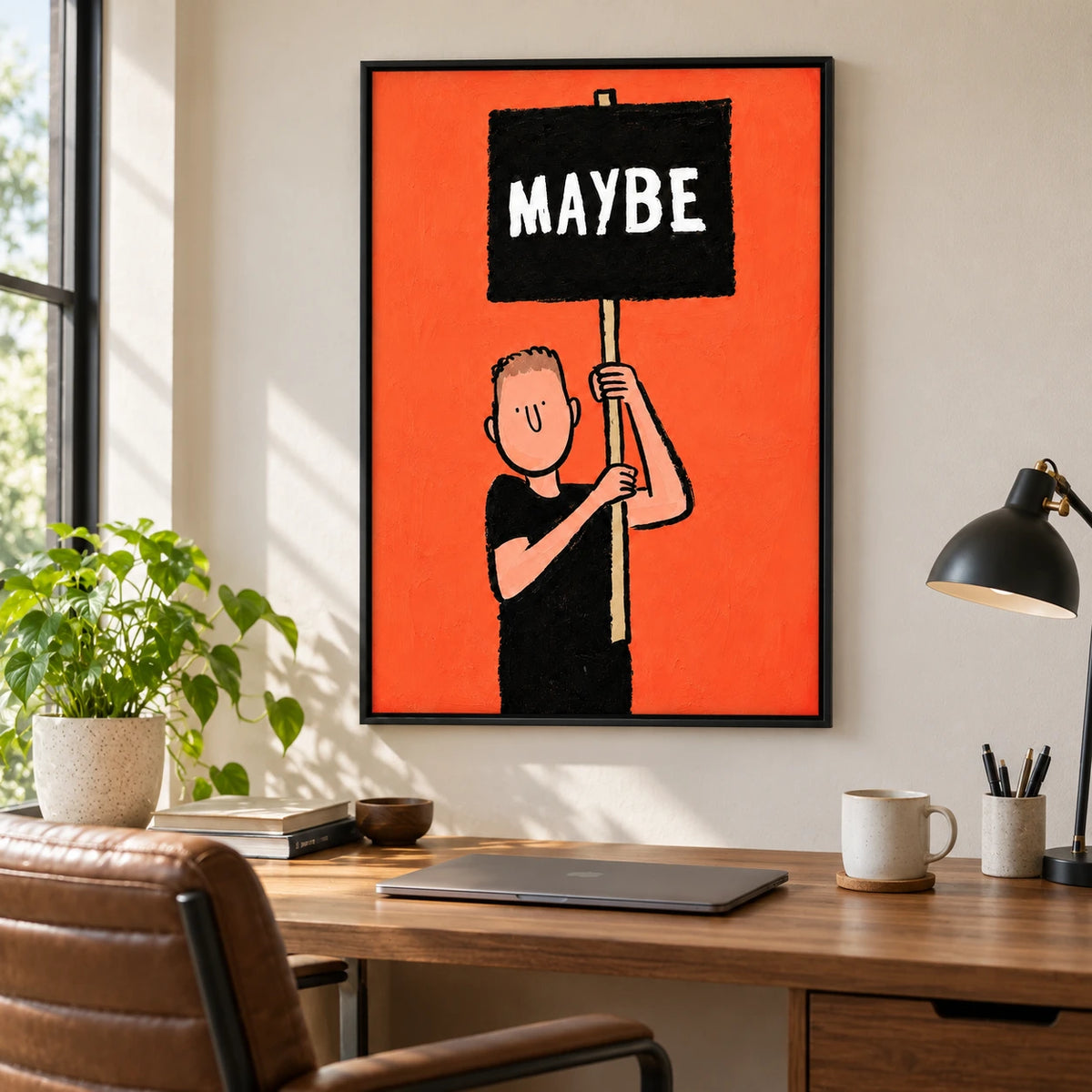 Maybe Sign Cartoon Man Oil Painting | White Lettering Black Placard and Orange Background Humorous Vertical Wall Art #OA 1729